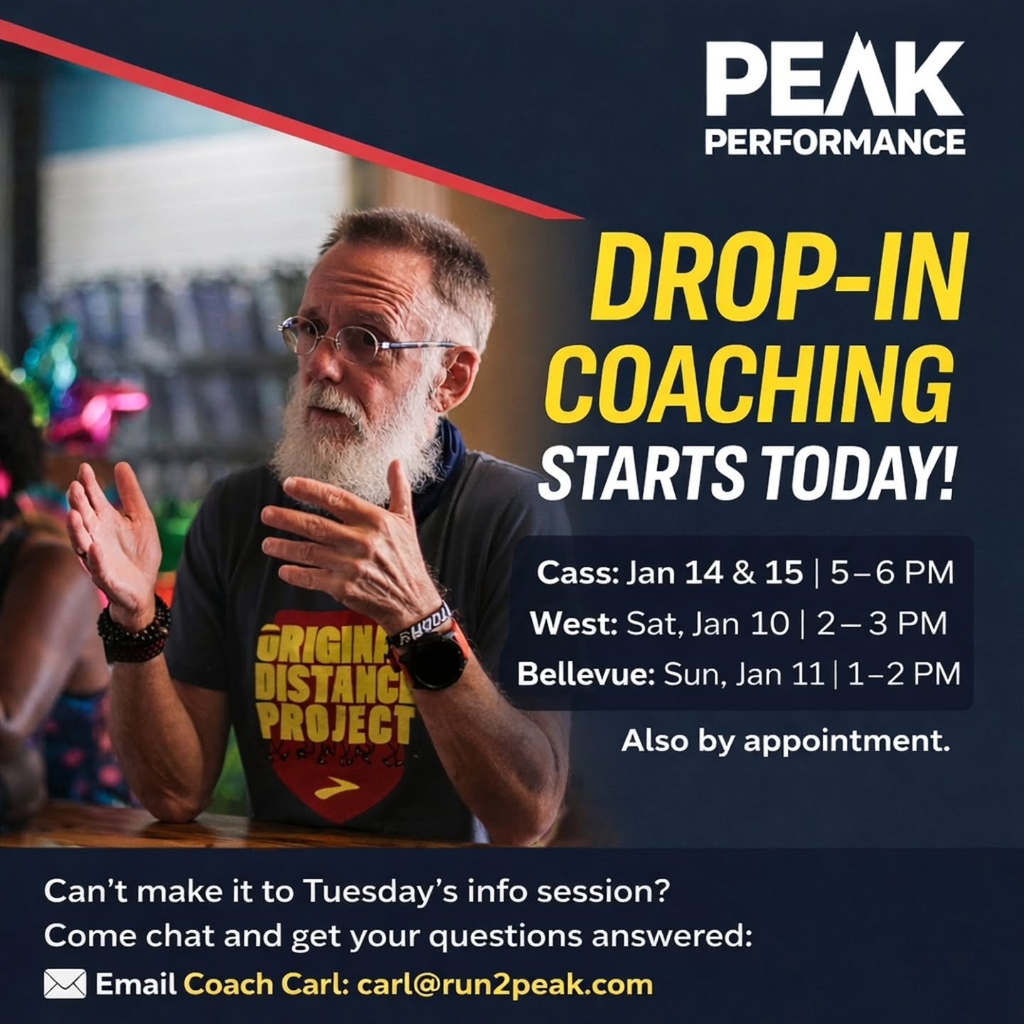 👟 Drop-In Run Coaching Starts Today!
Have questions about training, spring race goals, or whether coaching is right for you? Stop by during drop-in coach hours and chat with a Peak Distance Project coach &mdash; no commitment, no pressure.

This is 