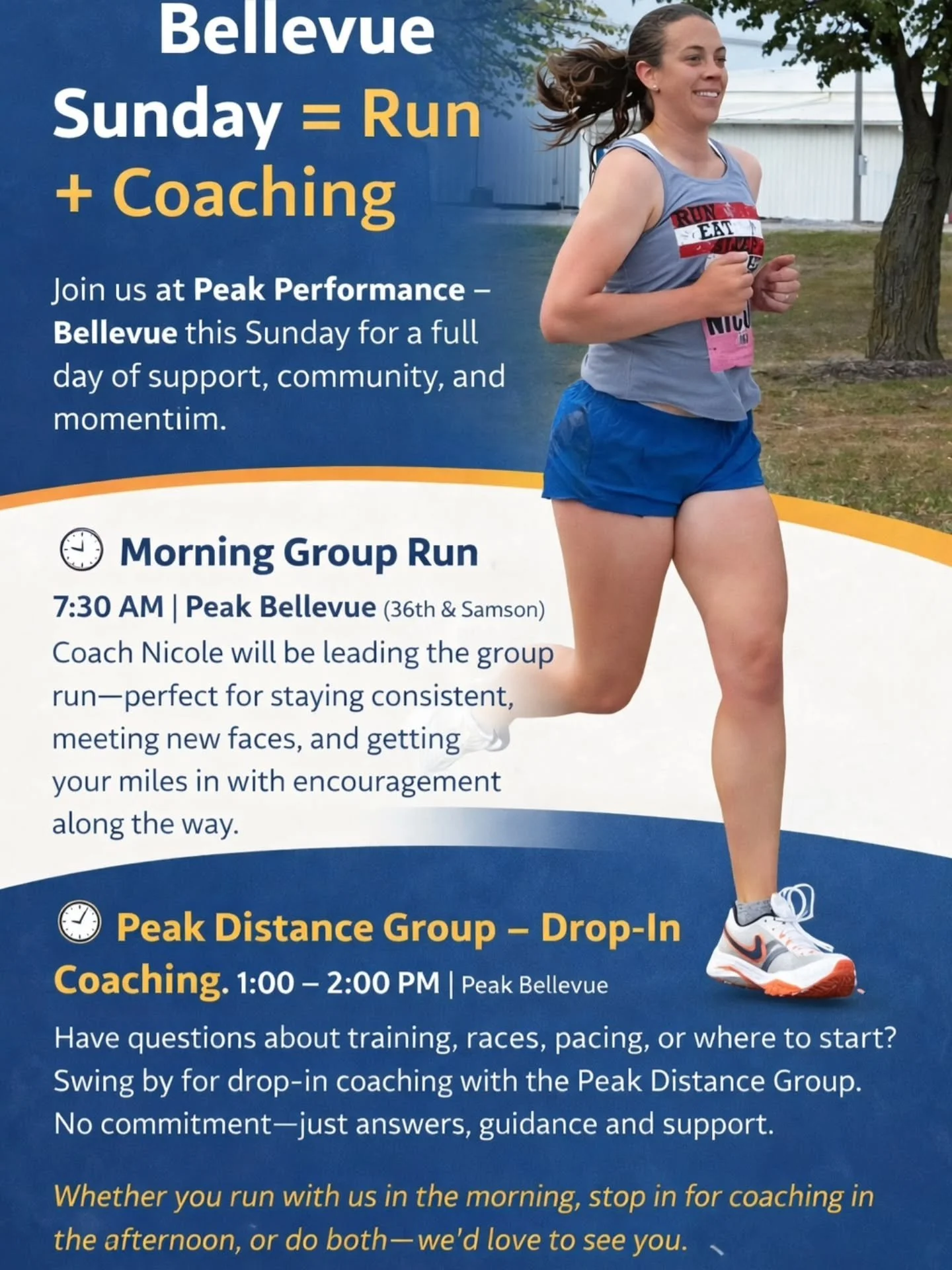 🏃&zwj;♀️ Bellevue Sunday = Run + Coaching 💪
Join us at Peak Performance &ndash; Bellevue this Sunday for a full day of support, community, and momentum.

🌅 Morning Group Run
🕢 7:30 AM | Peak Bellevue (36th &amp; Samson)
Coach Nicole will be leadi