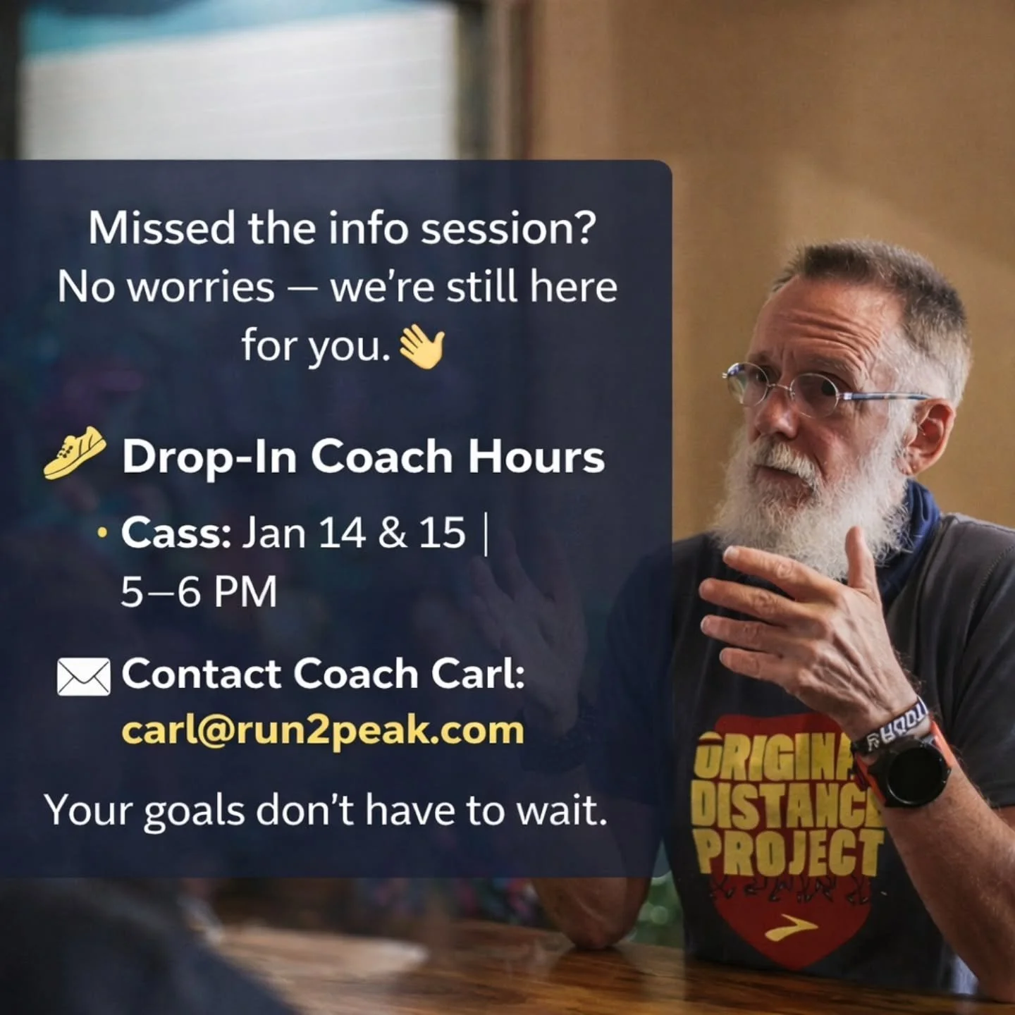 Missed the info session? No worries &mdash; we&rsquo;re still here for you. 👋
If you&rsquo;re interested in run coaching or have questions about your spring training, stop by during drop-in coach hours or reach out to schedule a time that works for 