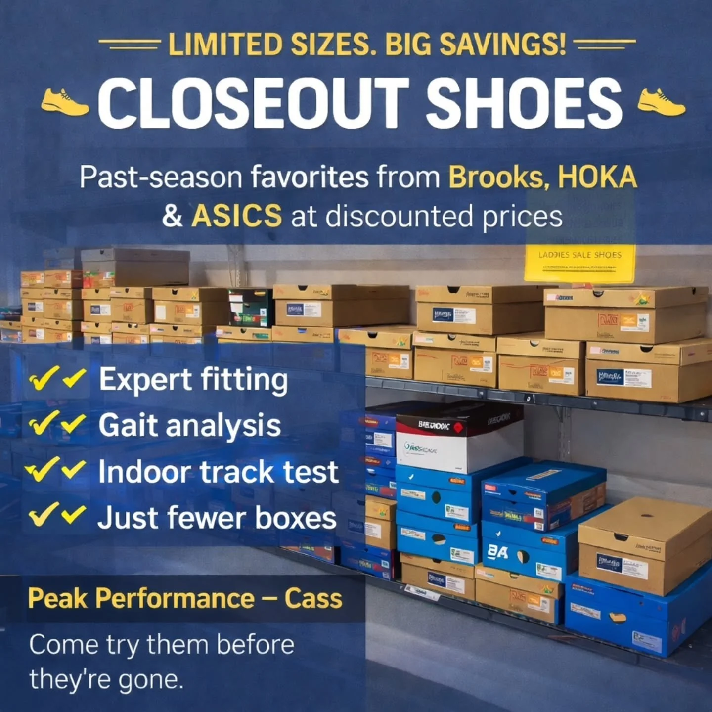 Looking for a deal &mdash; without sacrificing fit? 👟🔥
Our closeout shoe wall is packed with past-season favorites from brands you know and love &mdash; Brooks, HOKA, ASICS, Saucony &amp; more &mdash; at discounted prices.

✨ Same expert fitting
✨ 