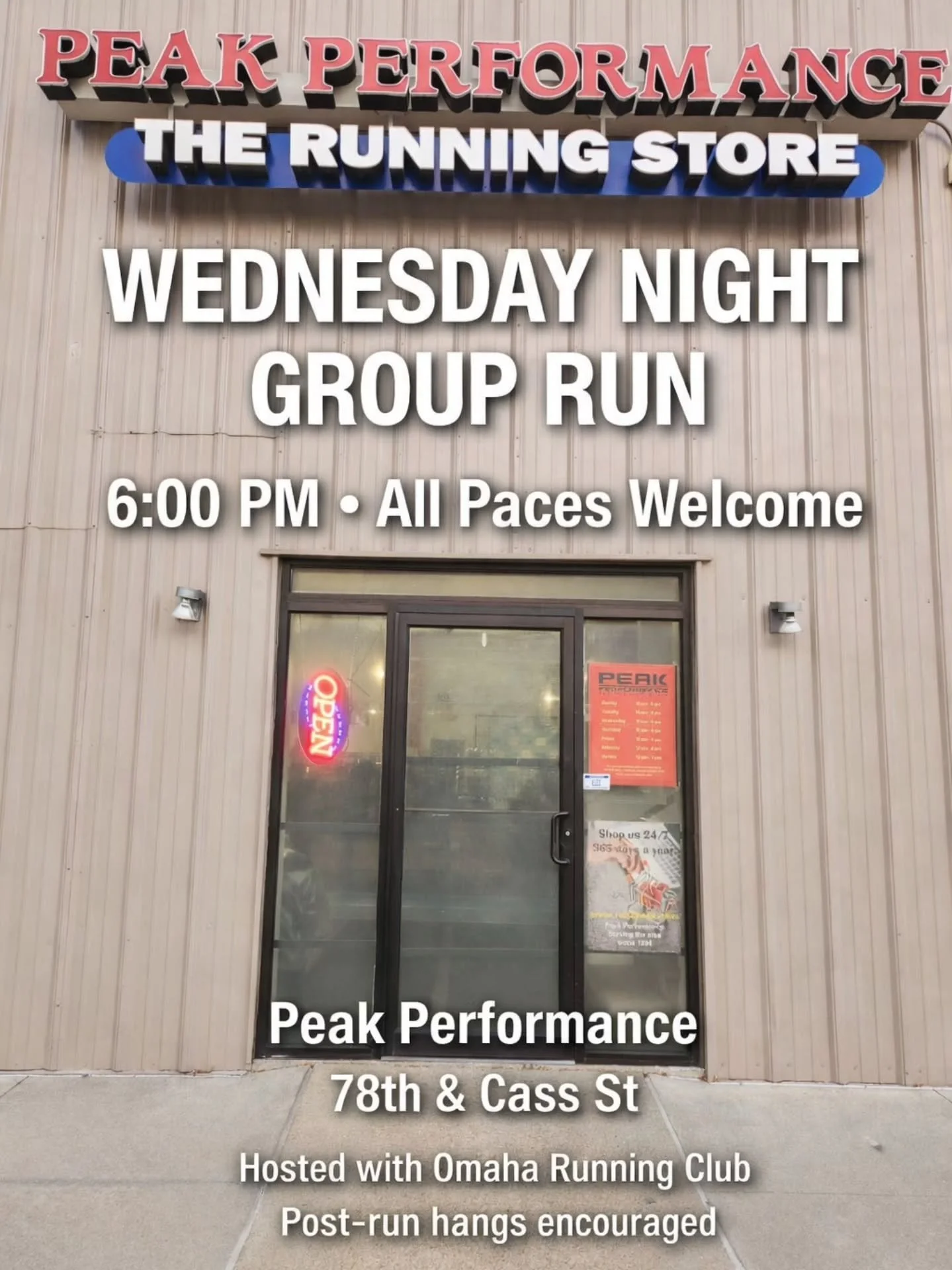 We&rsquo;re excited to welcome the Omaha Running Club to Peak Performance &ndash; 78th &amp; Cass for their Wednesday night group run! 👟

🕕 Wednesdays | 6 PM
📍 Peak Performance &ndash; 78th &amp; Cass
⏱️ ~1 hour
🏃 All paces &amp; levels welcome


