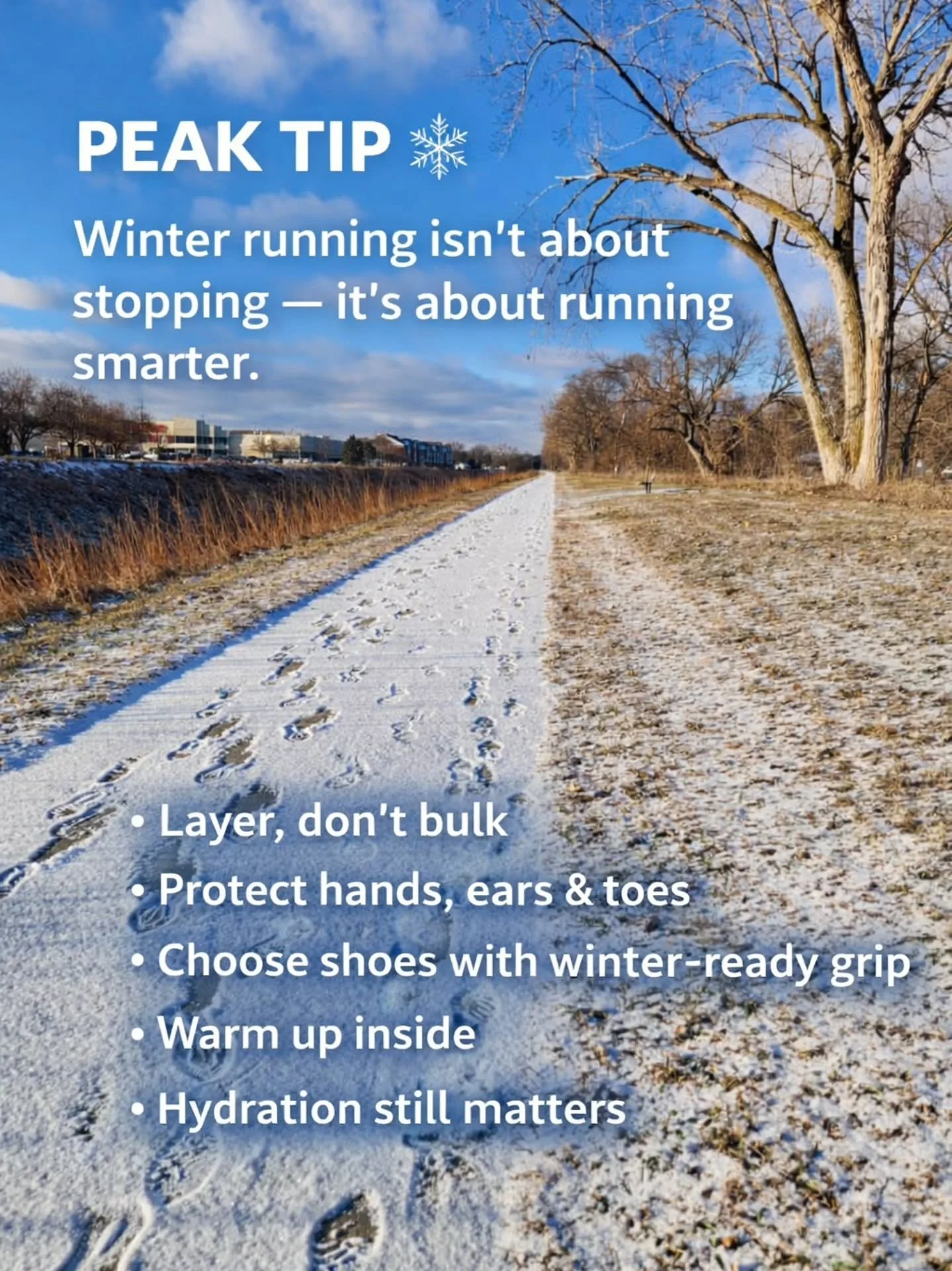 WINTER RUNNING TIPS 🥶➡️🏃&zwj;♀️
Cold temps don&rsquo;t mean you stop running &mdash; they just mean you run smarter.

❄️ Layer, don&rsquo;t bulk
Start with a moisture-wicking base layer. Add warmth on top. If you&rsquo;re a little chilly when you s