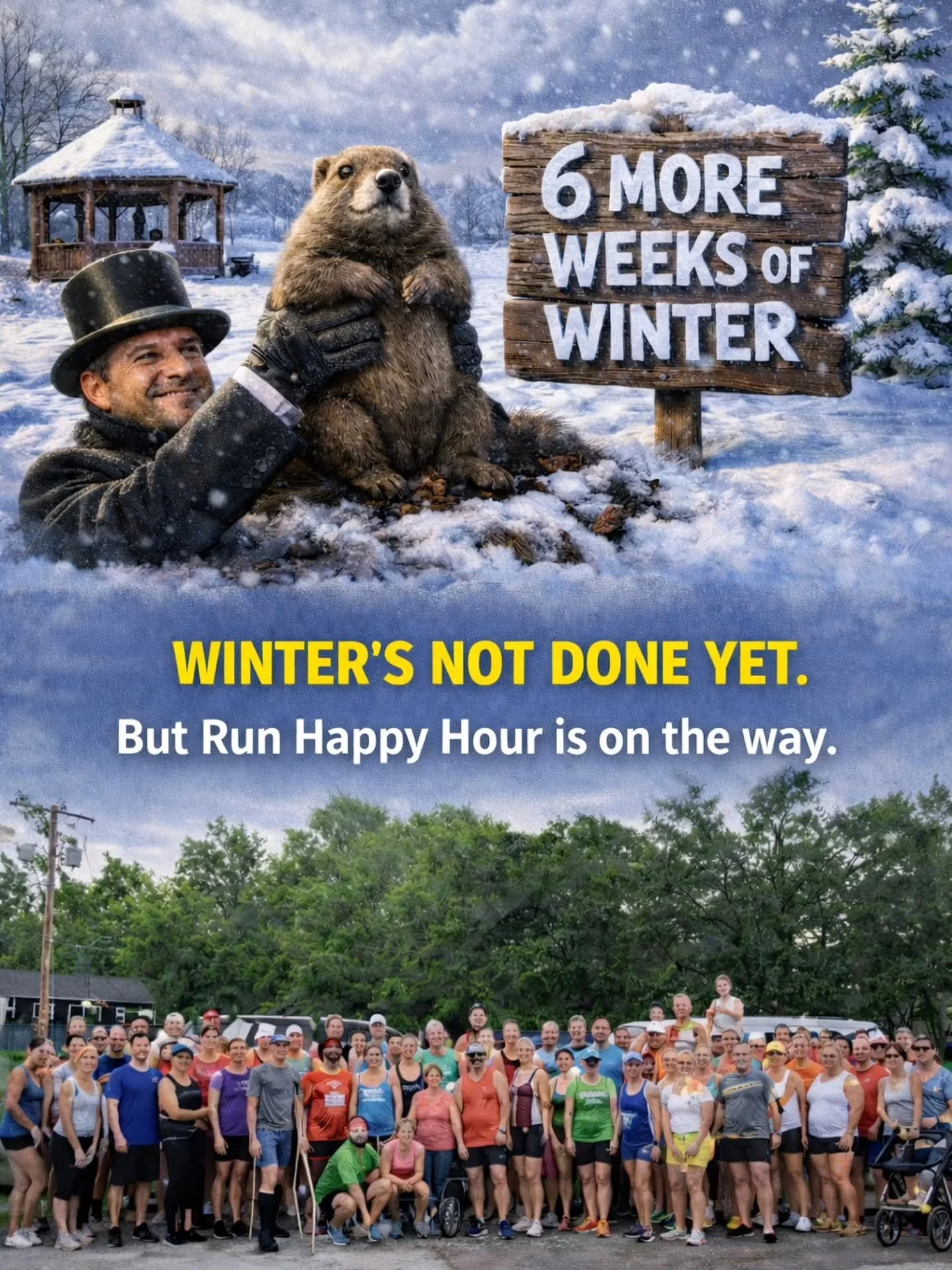 Six more weeks of winter&hellip; according to Phil. 🦫❄️
But summer running season?
It&rsquo;s already on our calendar. ☀️
Run Happy Hour returns this summer.
Same community. Same energy. Just warmer.