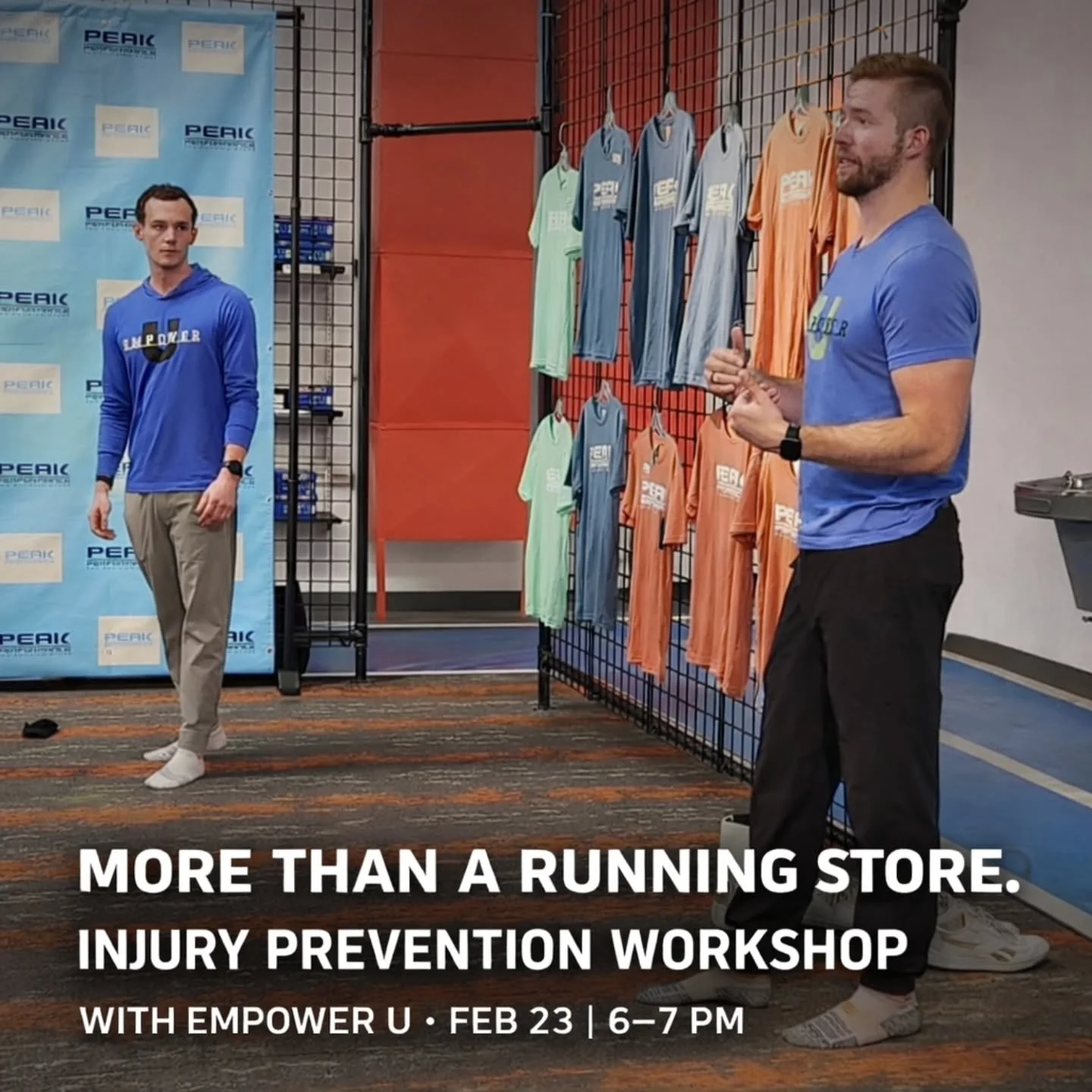 At Peak, we believe staying healthy is just as important as chasing miles.

That&rsquo;s why we&rsquo;re hosting a FREE Injury Prevention Workshop with Tom and Alex from Empower U Physical Therapy.

Whether you&rsquo;re gearing up for track season, b