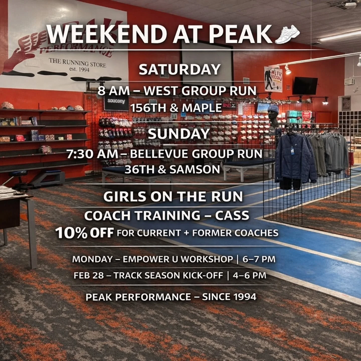 WEEKEND MILES START HERE 👟
No matter your pace or your goals, this is your invite.

Saturday &ndash; 8 AM
📍 Peak West (156th &amp; Maple)
Run with Coach Carl

Sunday &ndash; 7:30 AM
📍 Peak Bellevue (36th &amp; Samson)
Run with Coach Nicole

Show u