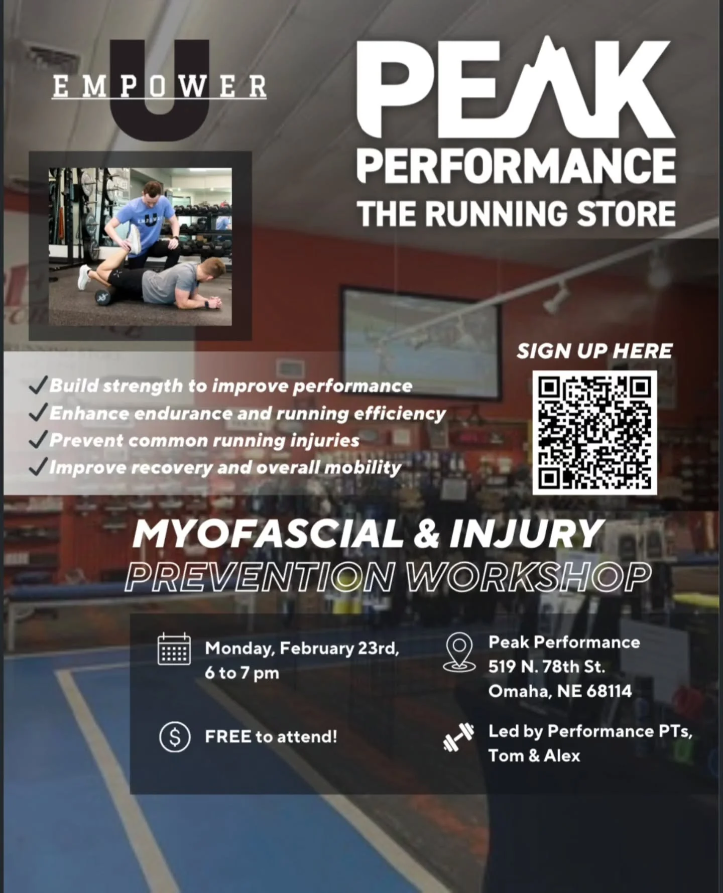 TONIGHT 👟
Injury Prevention Workshop
6&ndash;7 PM
Peak Performance &ndash; 78th &amp; Cass

Spring training is ramping up. Track season is starting. Mileage is increasing.

Don&rsquo;t wait until something hurts.

Tom and Alex from Empower U Physica