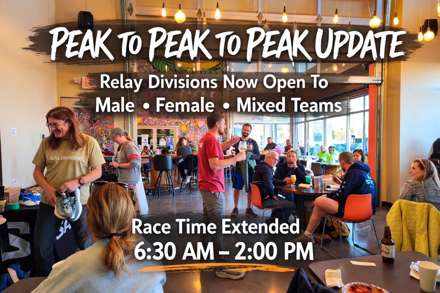 🚨 PEAK TO PEAK TO PEAK UPDATE 🚨
You asked. We listened.

Relay divisions now open to:
🔥 Male Teams
🔥 Female Teams
🔥 Mixed Teams

⏱ Race window extended
6:30 AM &ndash; 2:00 PM

More teams. More strategy. More fun.

👀 Start building your squad t