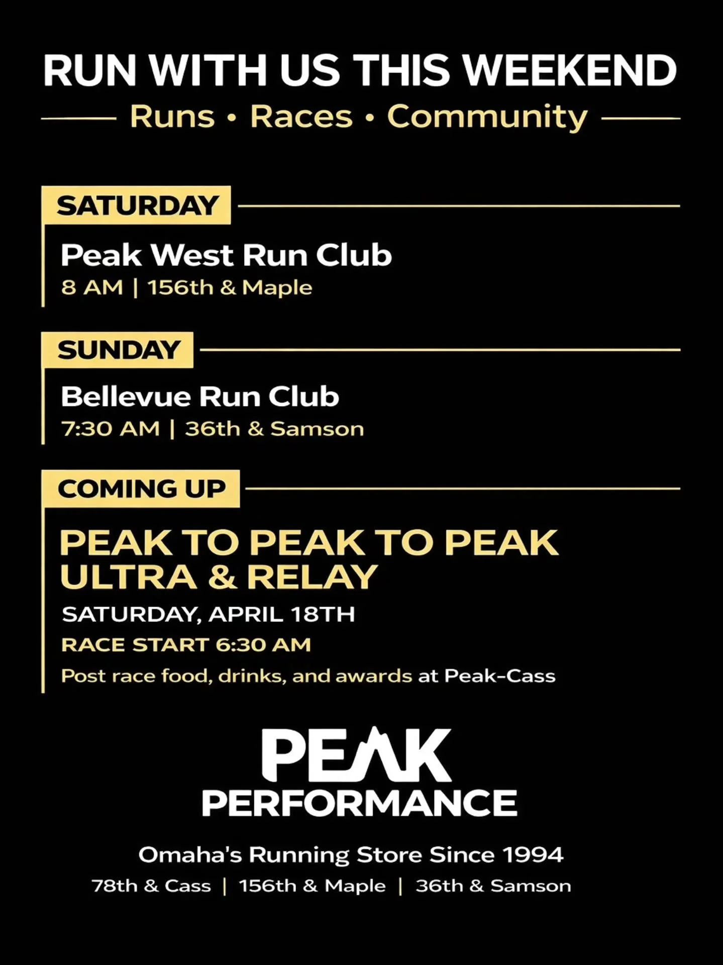 Run with us this weekend. 👟
Whether you&rsquo;re training for your next race, getting back into a routine, or just looking for people to run with &mdash; there&rsquo;s a place for you at Peak.

Saturday Peak West Run Club
🕗 8 AM | 156th &amp; Maple