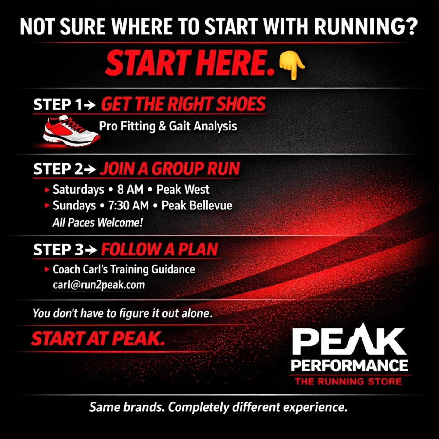 Not sure where to start with running? Start here. 👇

At Peak Performance &ndash; The Running Store, we help new runners every day:

👟 Step 1: Get the right shoes
Professional fitting + gait analysis on our indoor track

👟 Step 2: Join a group run
