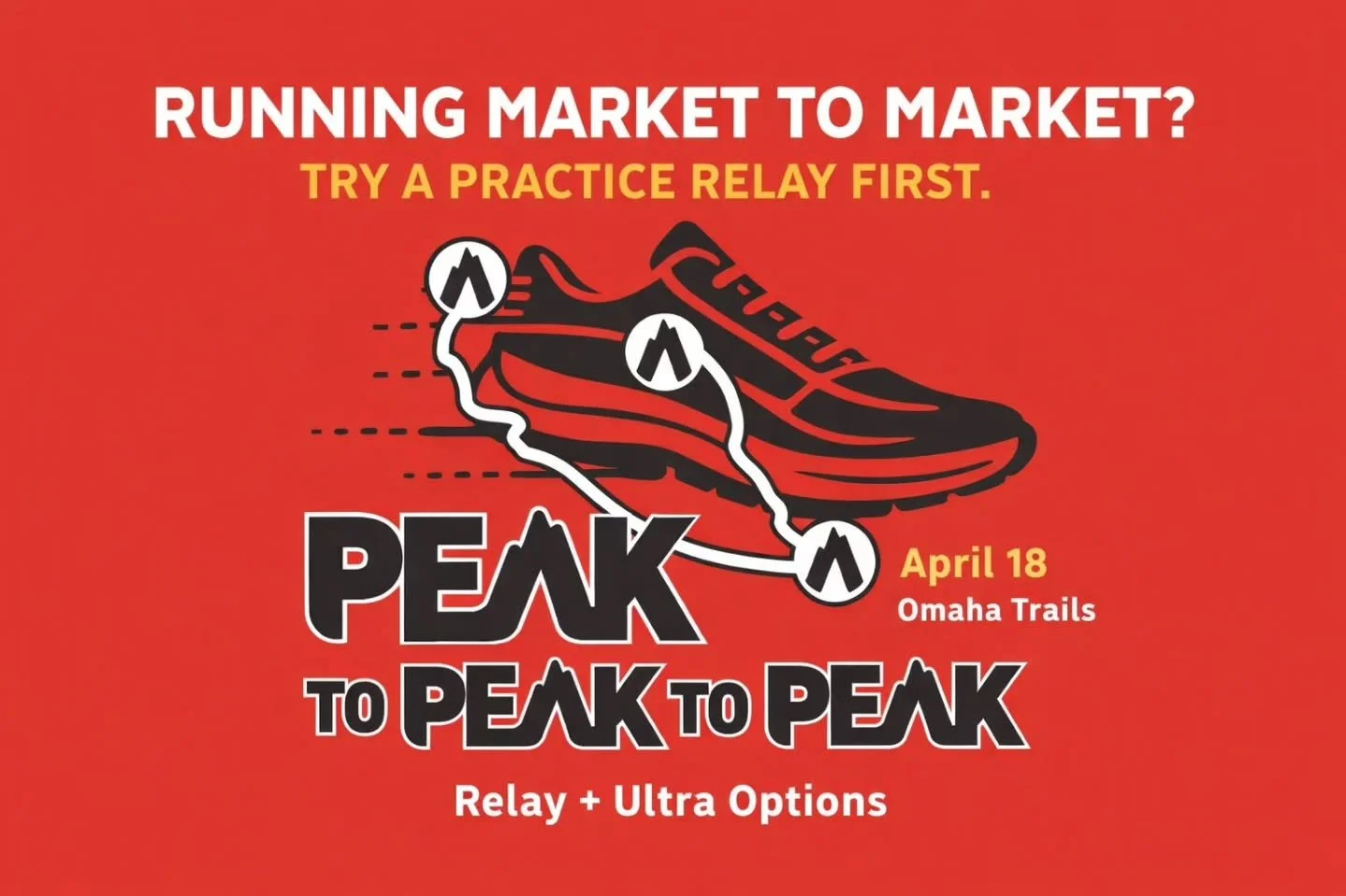 Running Market to Market this year?
Make Peak to Peak to Peak your practice run. 🏃&zwj;♂️🏃&zwj;♀️

Before race day across Iowa&hellip;
run your relay right here in Omaha first.

Join us for the Peak to Peak to Peak Relay &amp; Ultra
📍 Saturday, Ap