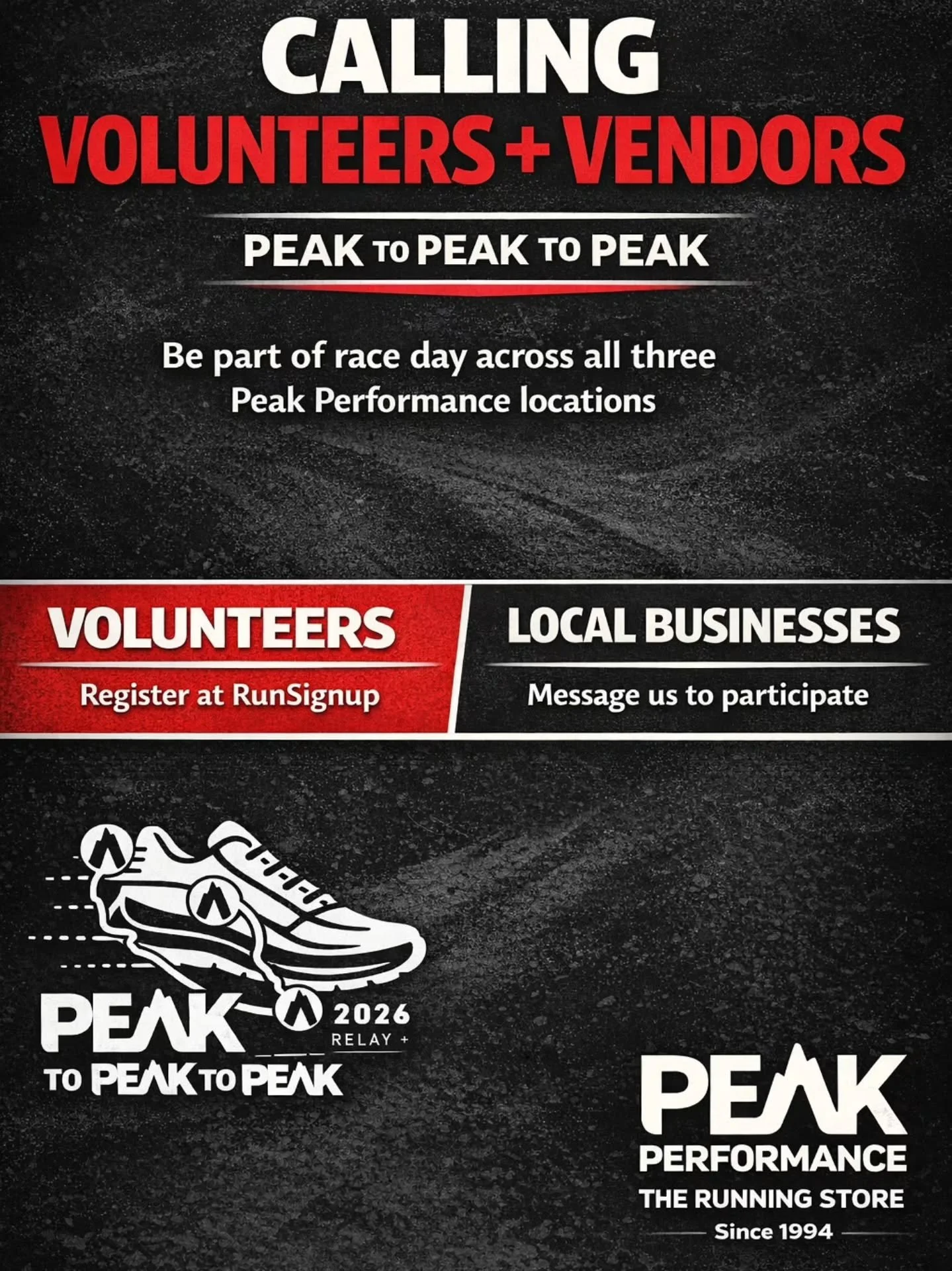 WE&rsquo;RE BUILDING RACE DAY &mdash; AND WE&rsquo;D LOVE YOUR HELP.
Peak to Peak to Peak Saturday, April 18

This race connects all three Peak Performance locations across Omaha&rsquo;s trail system &mdash; and it takes an incredible community to ma