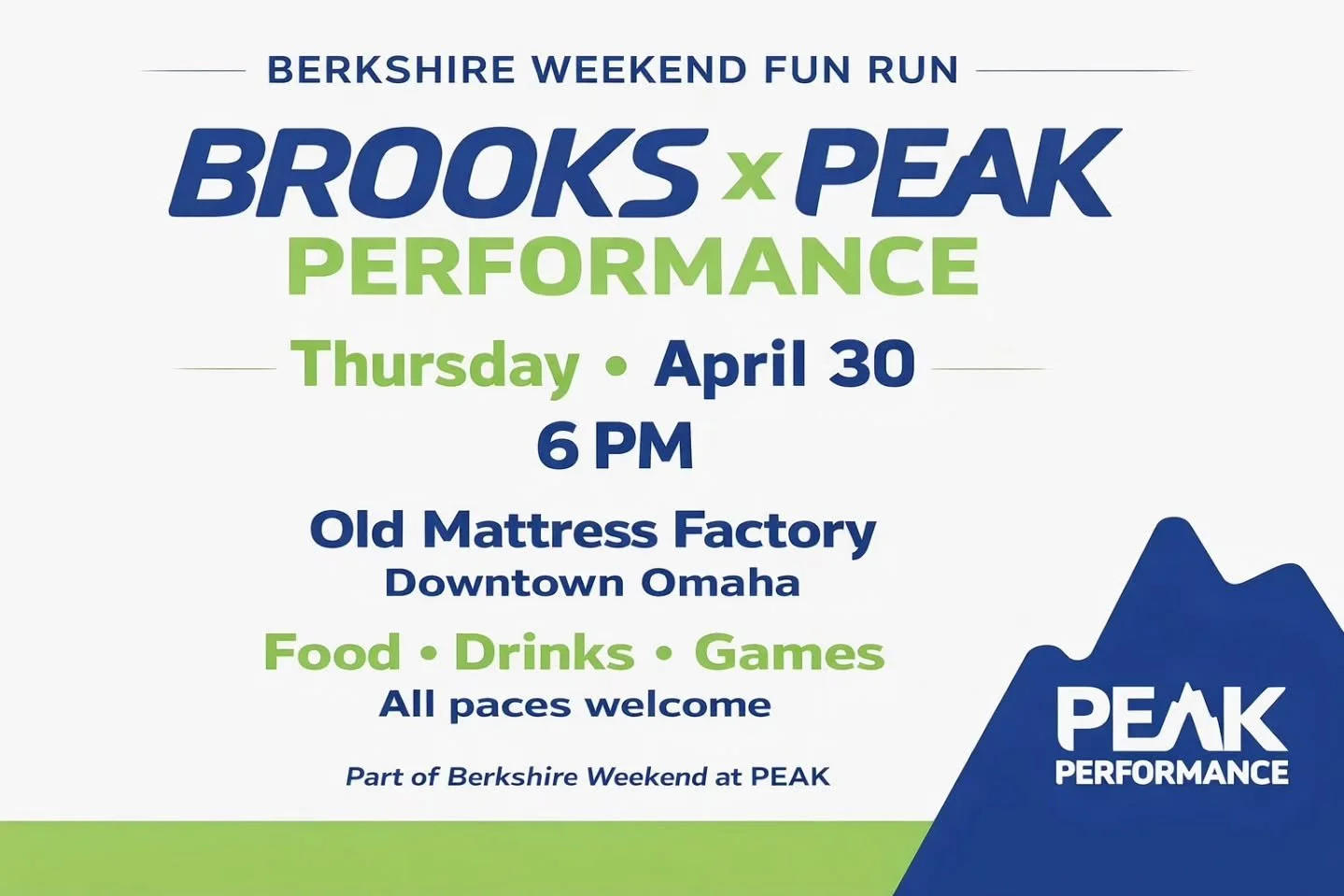 Brooks is coming downtown. 👟
Join us for a Berkshire Weekend Fun Run with Brooks + Peak Performance
📅 Thursday, April 30
⏰ 6 PM
📍 Old Mattress Factory Bar &amp; Grill
All paces welcome.

Test-run Brooks shoes, meet other runners in town for Berksh