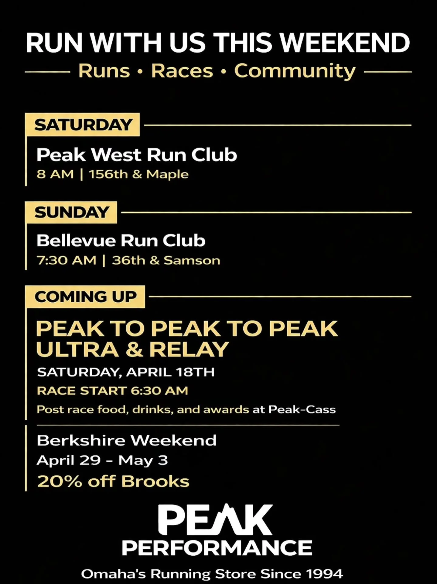 Run with us this weekend. 👟
Whether you're building mileage, getting back into a routine, or just looking for a welcoming group to move with &mdash; there&rsquo;s a place for you at Peak.

Saturday
Peak West Run Club
🕗 8 AM | 156th &amp; Maple

Sun