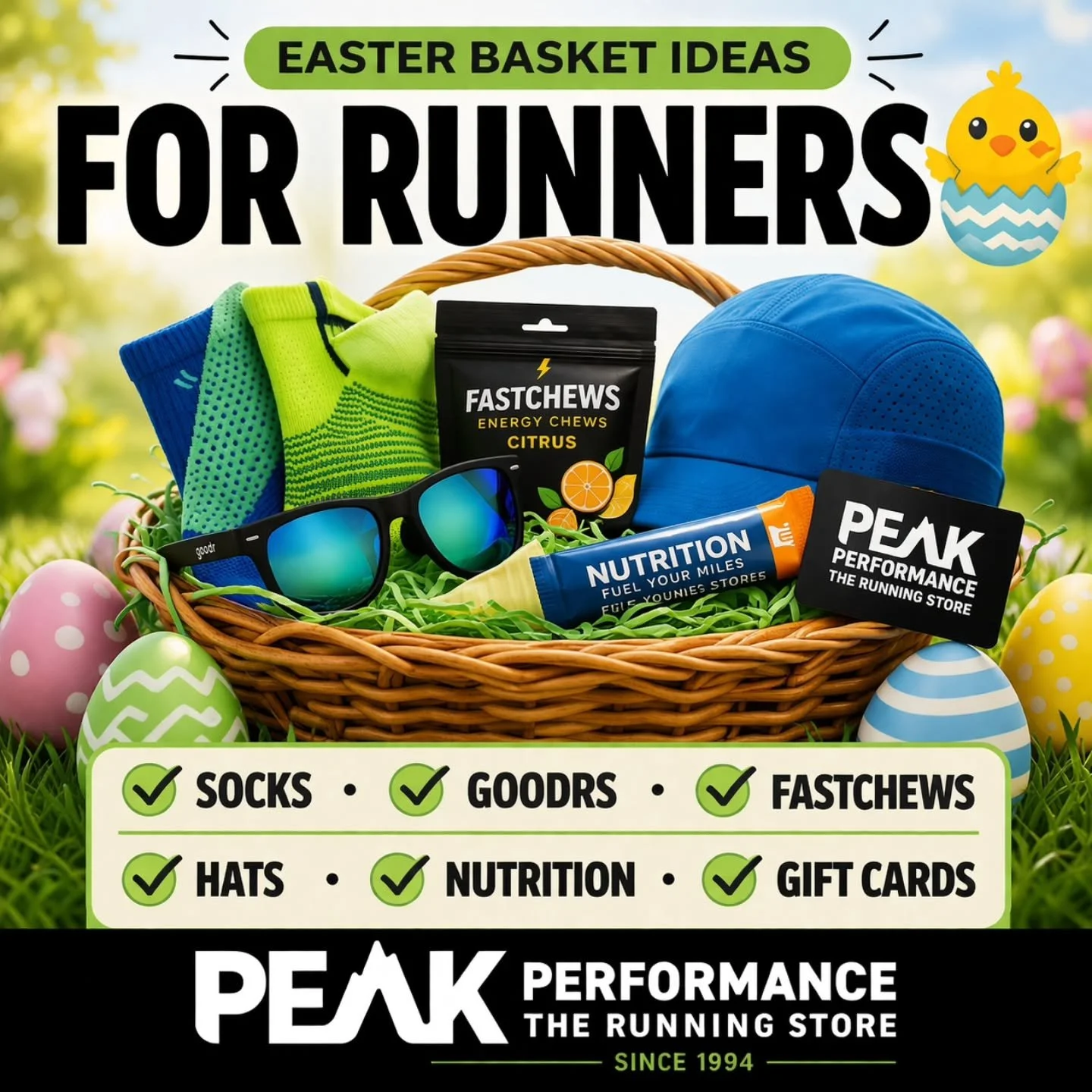 Build a better Easter basket this year. 🏃&zwj;♂️

Skip the candy overload and add something they&rsquo;ll actually use on their next run:

✔️ Balega &amp; Feetures socks
✔️ Goodr sunglasses
✔️ SaltStick FastChews
✔️ Running hats &amp; headbands
✔️ N