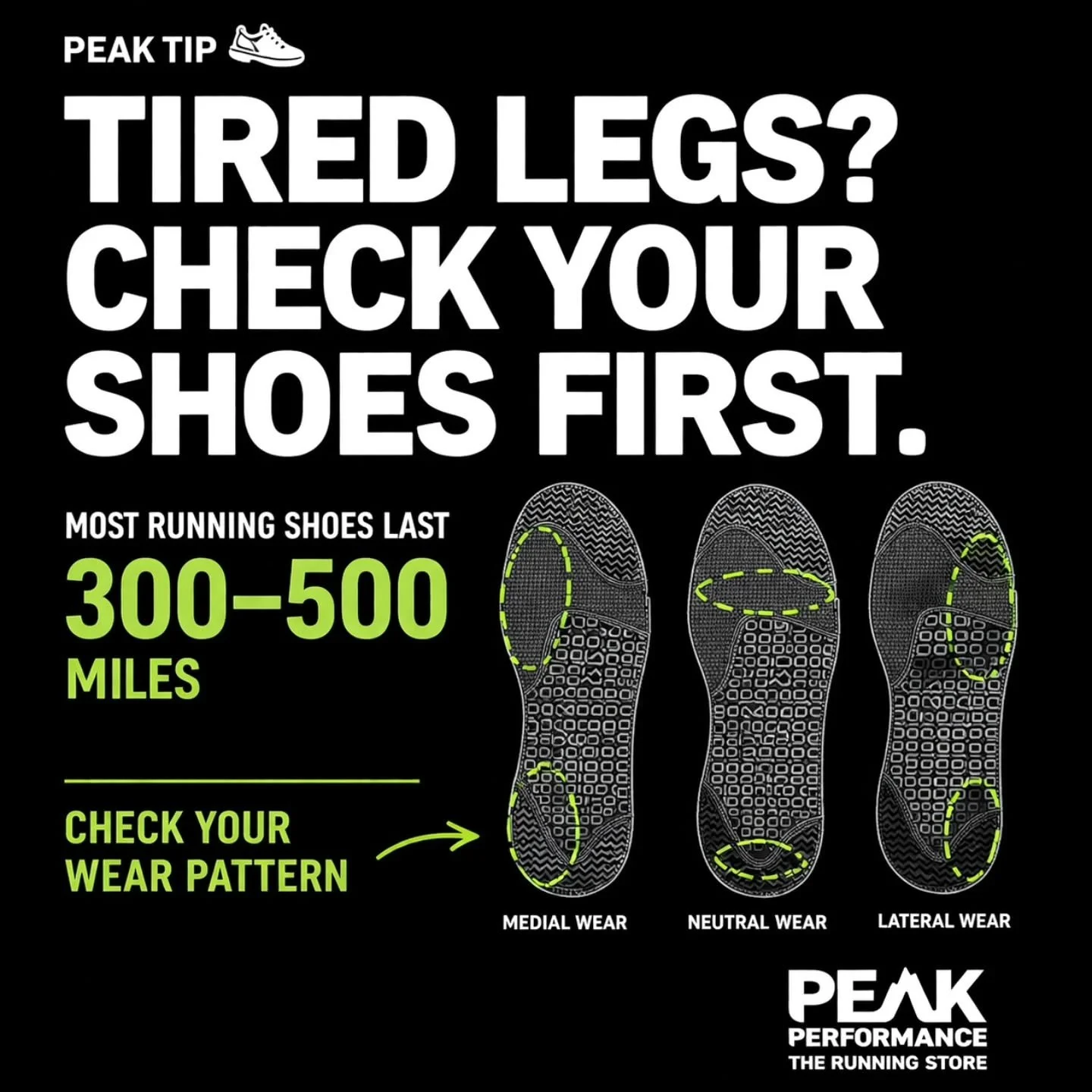 PEAK TIP 👟
If your runs suddenly feel harder than they should&hellip;
check your shoes first.

Most running shoes last 300&ndash;500 miles, but cushioning often breaks down before the upper shows wear.

Easy rule to remember:
Replace your running sh