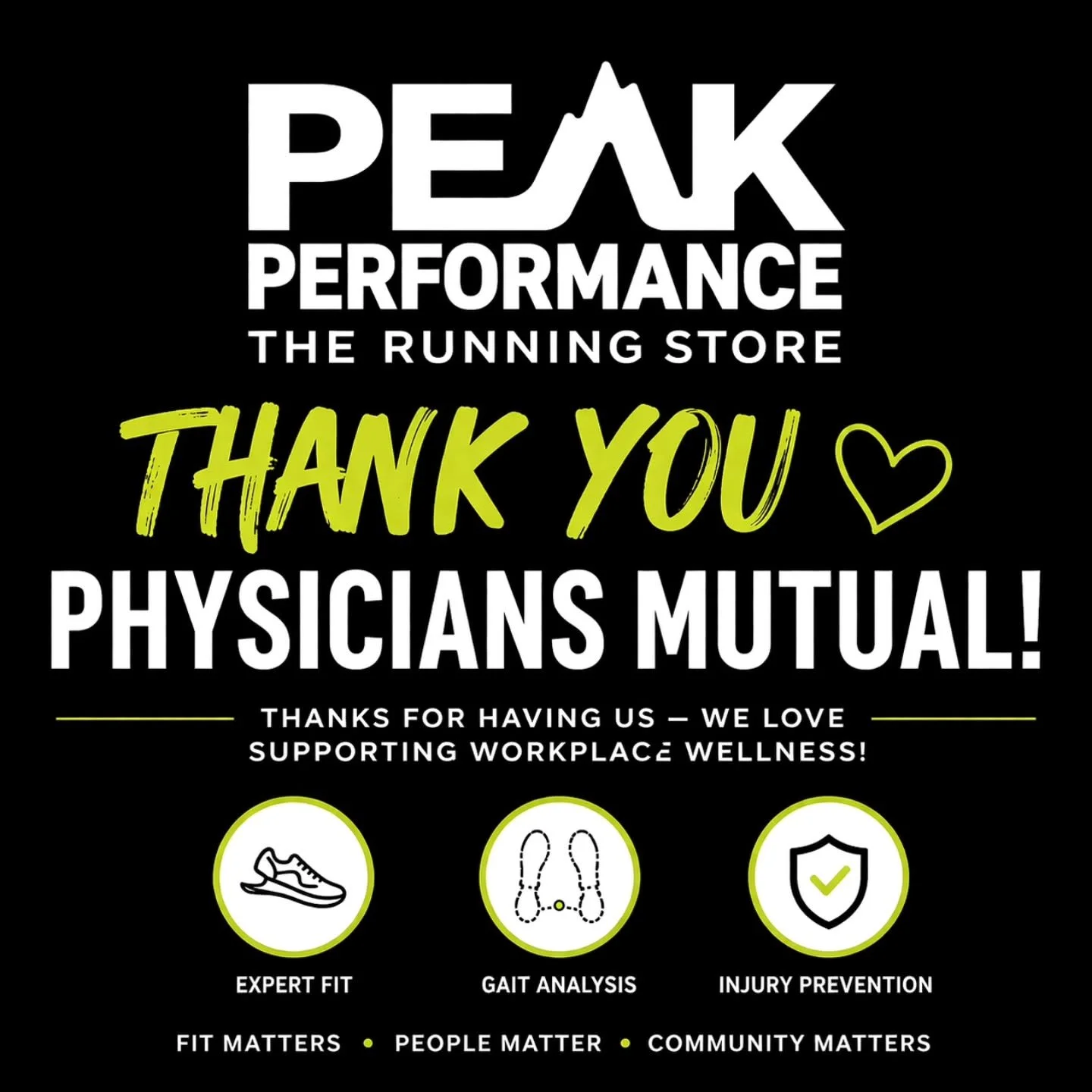 Thanks to the team at Physicians Mutual for inviting Peak Performance &ndash; The Running Store to be part of your Health Fair today!

We loved meeting so many employees, talking about injury prevention, proper shoe fit, and ways to stay active and c