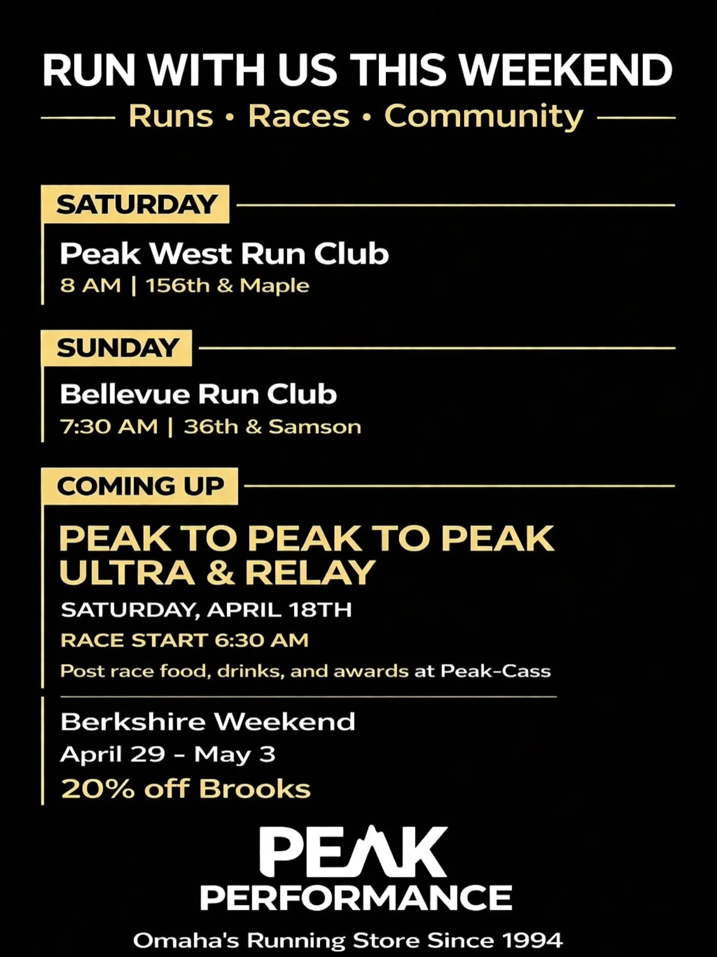 Run with us this weekend, Omaha. 👟
Whether you're training for something big, getting back into a routine, or just looking for good people to run with &mdash; there&rsquo;s a place for you at Peak.

Saturday Peak West Run Club
🕗 8 AM | 156th &amp; 