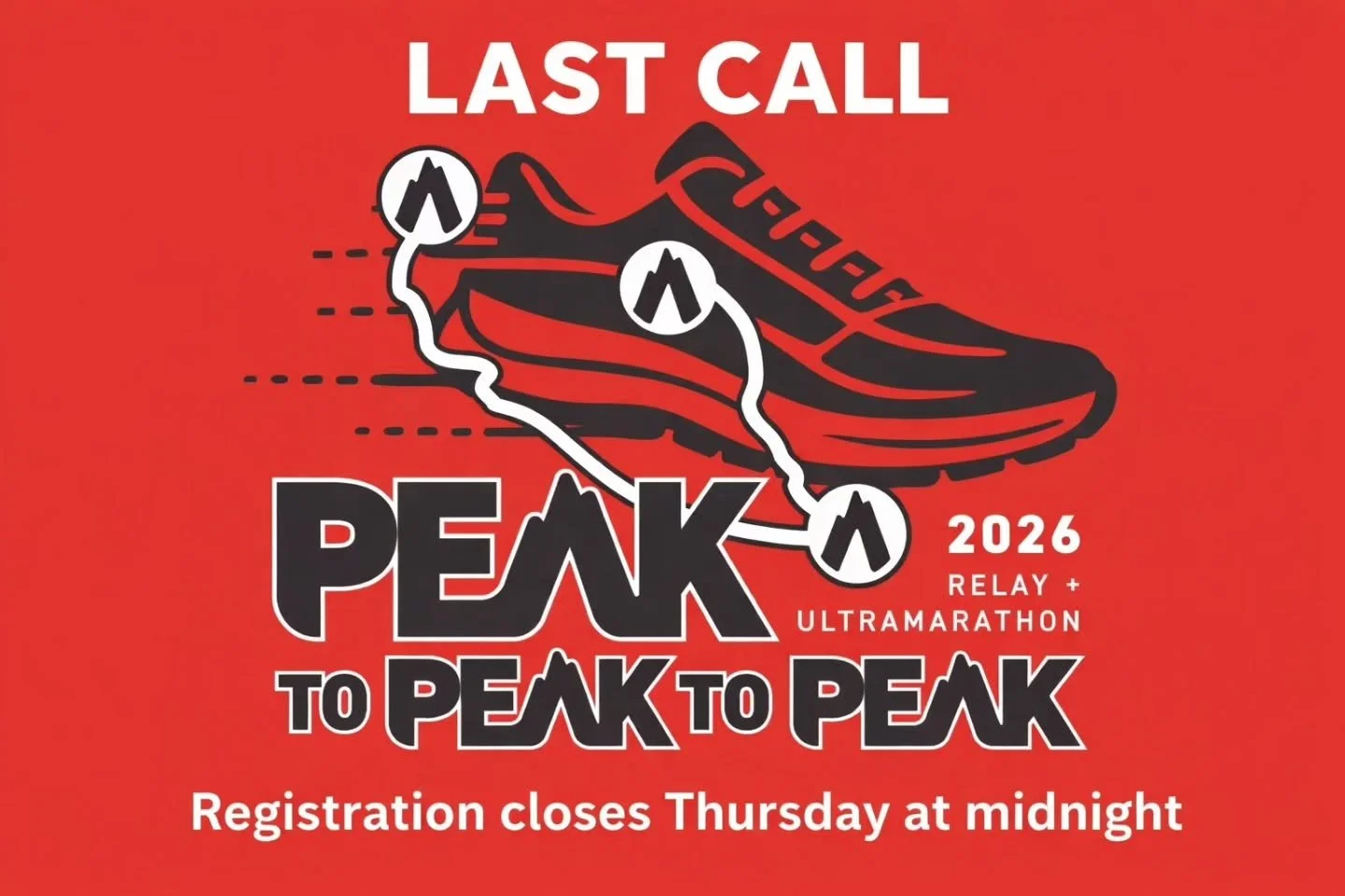 ⏳ LAST CALL.

Registration for the Peak to Peak to Peak Relay &amp; Ultra closes Thursday at midnight.

This Saturday, runners will connect all three Peak Performance locations across 28 miles of Omaha trails &mdash; one course, one community, one un