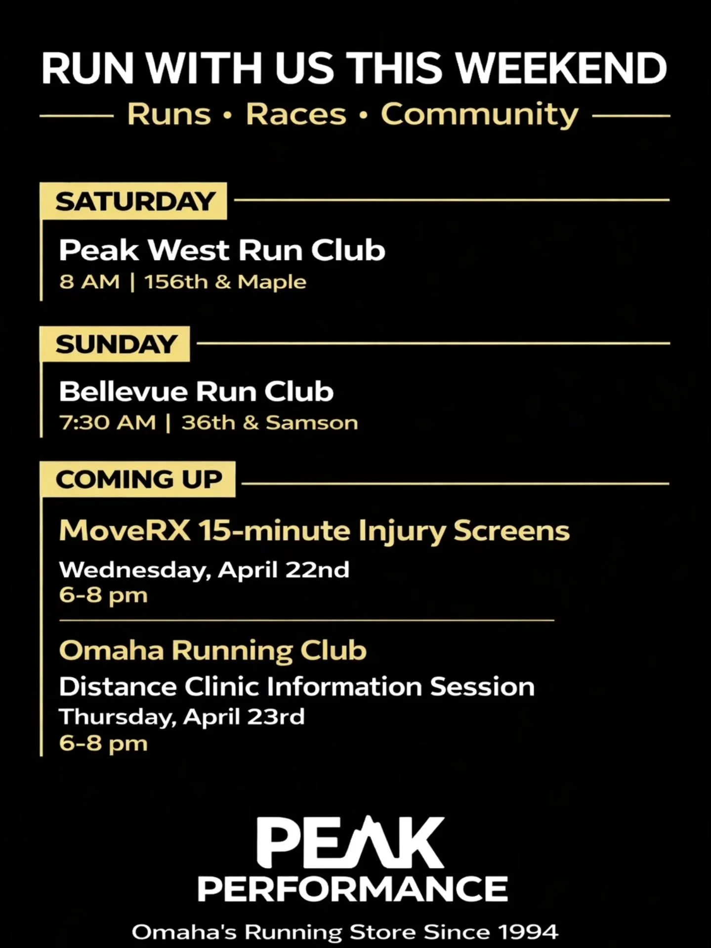 Run with us this weekend. Then keep the momentum rolling next week. 👟

Whether you're training for something big or just getting back into a routine, there&rsquo;s a place for you at Peak.

Saturday &ndash; Peak West Run Club
🕗 8 AM | 156th &amp; M