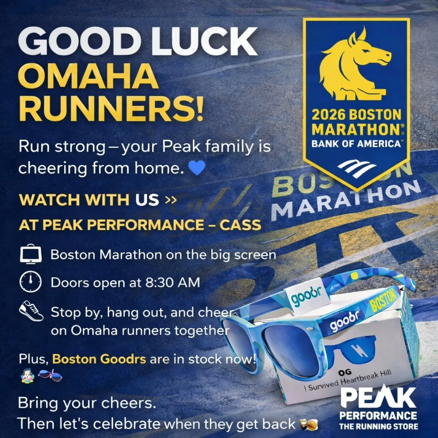 🏁 Good luck to all the Omaha runners competing in the Boston Marathon tomorrow!

We love seeing our local running community take on one of the most iconic races in the world. Run strong, soak in every mile, and know your Peak family is cheering you 