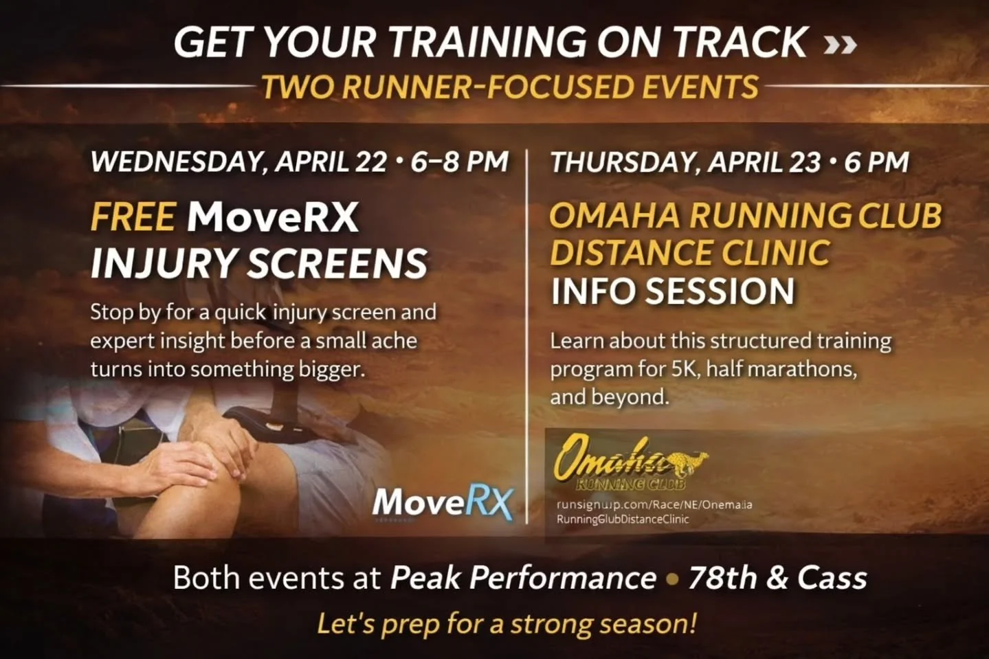 Two great nights to get your training on track 👟

If you&rsquo;re planning to run farther this season &mdash; or just want to stay healthy and consistent &mdash; join us this week at Peak Performance (78th &amp; Cass) for two runner-focused events b