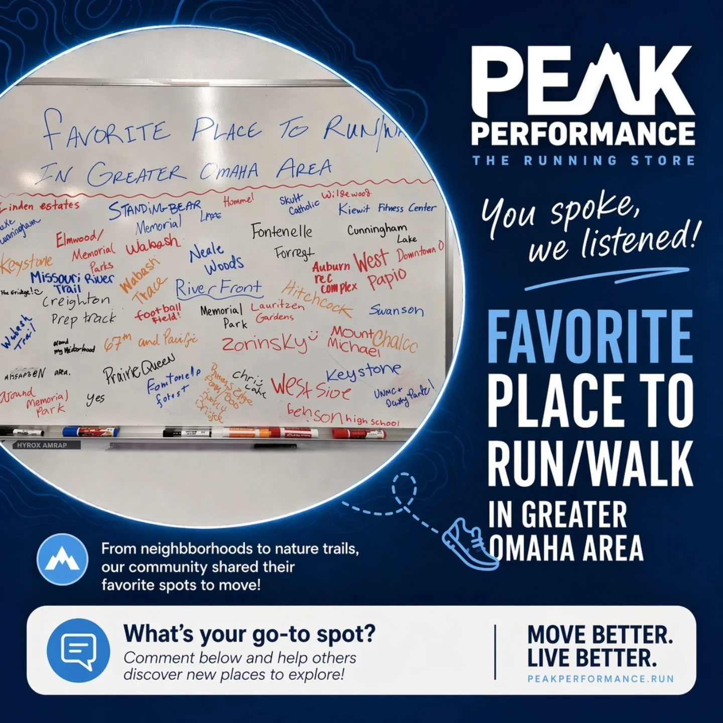 Where&rsquo;s your favorite place to run or walk in the Greater Omaha area? 👟

We asked.
You answered.
And the board filled up fast.

From Keystone Trail to Zorinsky, Standing Bear, West Papio, neighborhood loops, school tracks, and hidden local gem