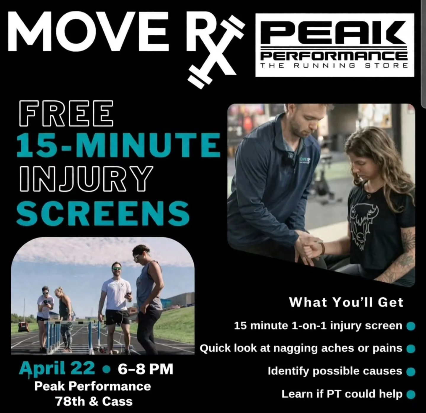 TONIGHT AT PEAK 👟

Dealing with a nagging ache that just won&rsquo;t go away?
Not sure if it&rsquo;s something to push through&mdash;or something to fix?

Our friends from MoveRx are at Peak Performance (78th &amp; Cass) tonight from 6&ndash;8 PM of