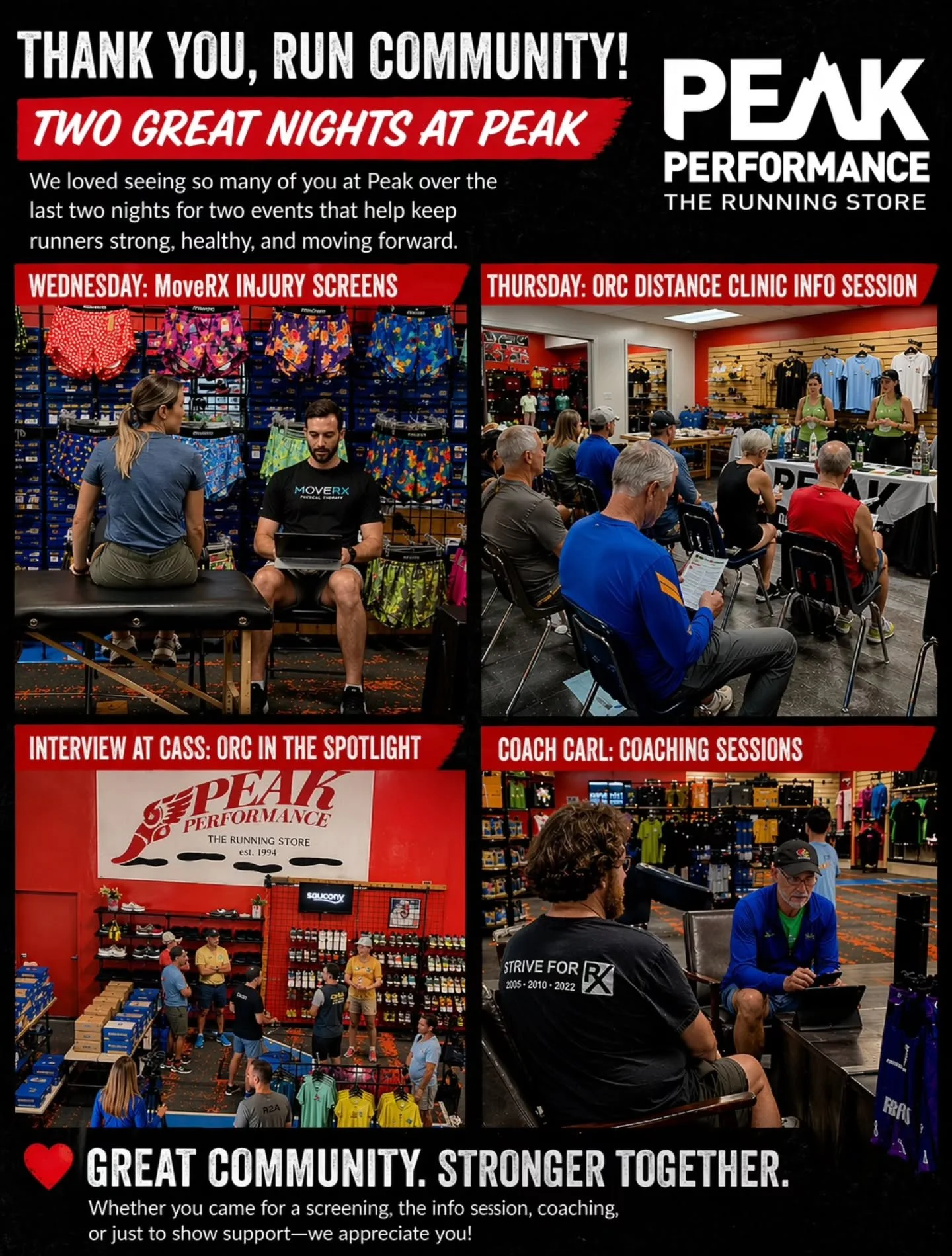 Two great nights at Peak 👟

The last couple evenings at Peak Performance &ndash; Cass were a great reminder of what makes this running community so special.

On Wednesday, runners stopped in for free MoveRX injury screens &mdash; catching small issu