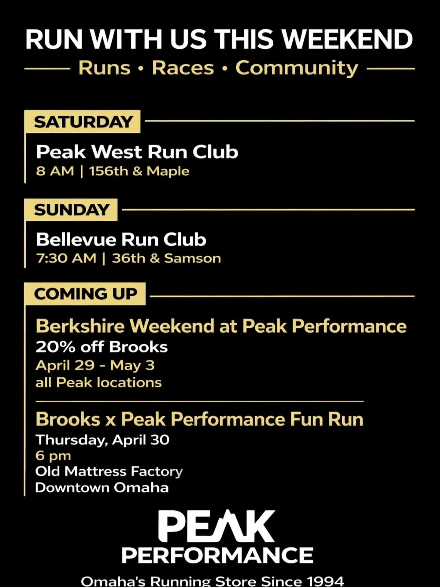 Run with us this weekend. 👟

Looking for miles, motivation, or just good people to run with?

Join us:

Saturday 📍 Peak West Run Club
🕗 8 AM | 156th &amp; Maple
Hosted by Coach Carl

Sunday 📍 Bellevue Run Club
🕢 7:30 AM | 36th &amp; Samson
Hoste