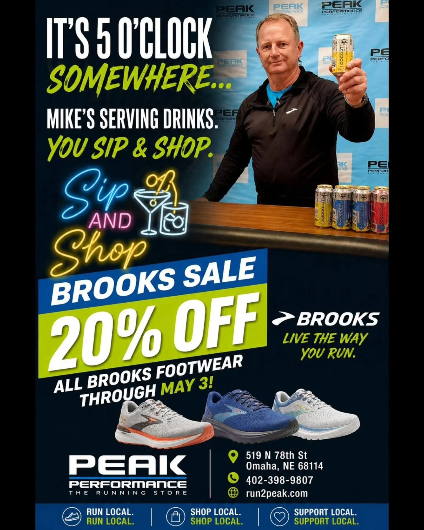 It&rsquo;s 5 o&rsquo;clock somewhere&hellip; and Mike&rsquo;s serving drinks. 🍻

Stop in, sip a little, and save 20% on all Brooks footwear now through May 3.

Berkshire Weekend is busy across Omaha&mdash;but this is one stop you don&rsquo;t want to