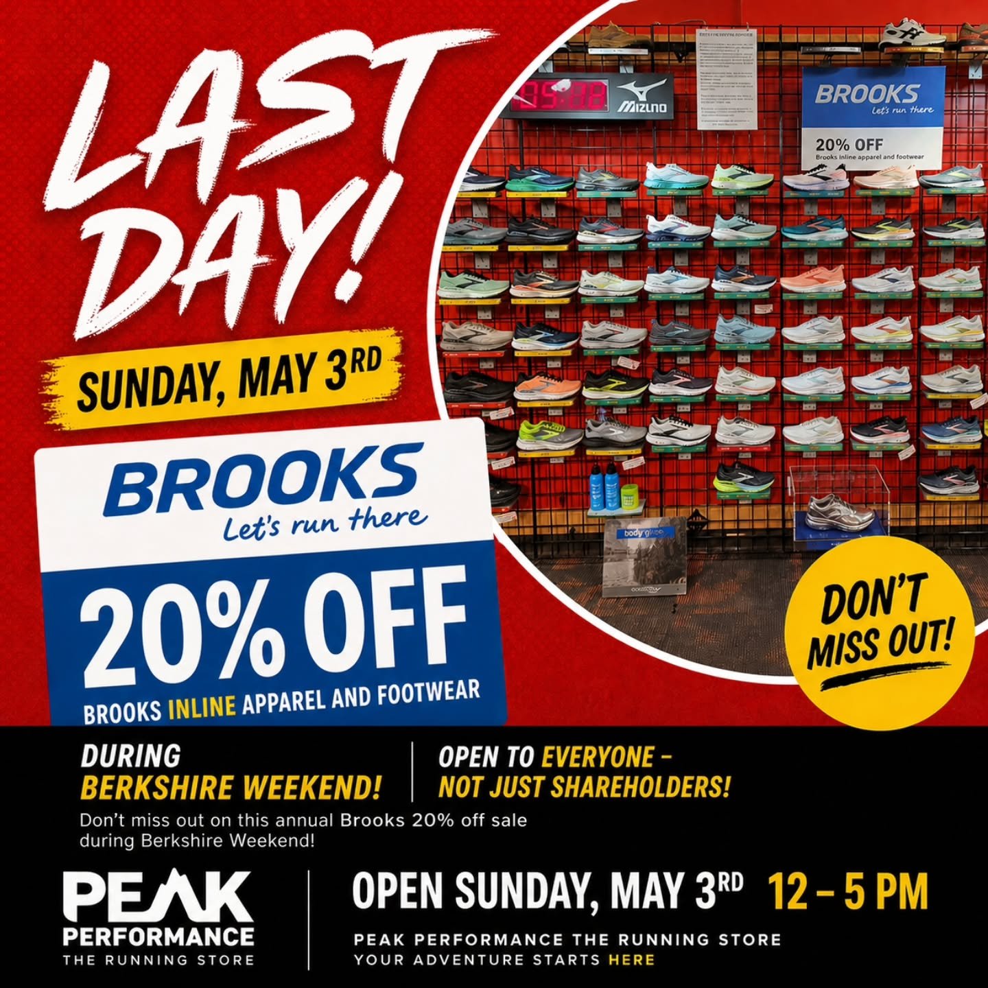 LAST DAY. DON&rsquo;T MISS IT. 👟🔥

Today&rsquo;s your final chance to save 20% on Brooks shoes &amp; apparel during Berkshire Weekend at Peak&mdash;and yes, it&rsquo;s open to everyone (not just shareholders).

If your shoes are nearing that 300&nd