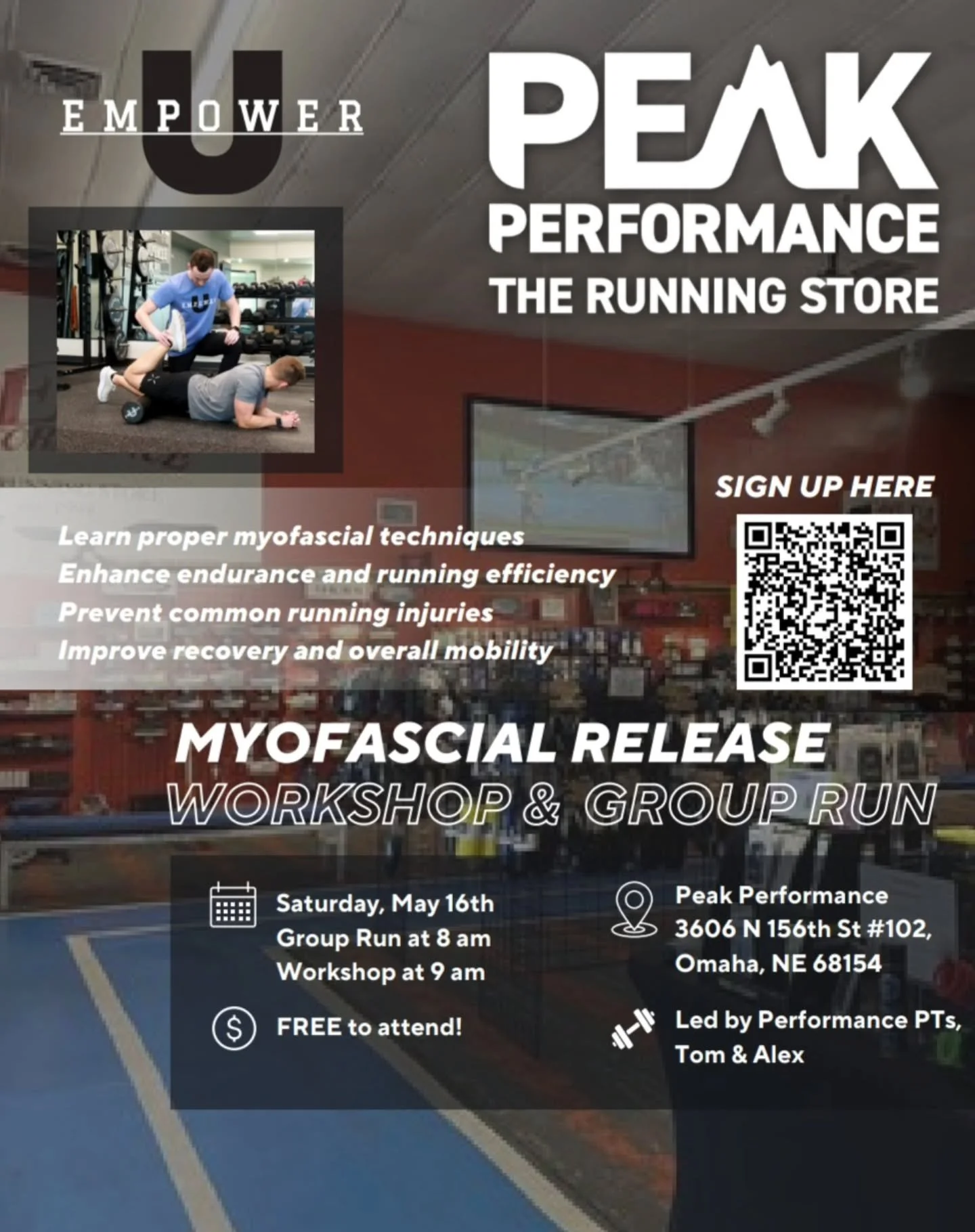 Recovery matters. Mobility matters. Staying healthy enough to keep doing what you love matters. 👟

Join us Saturday, May 16th at Peak West for a FREE Myofascial Release Workshop + Group Run with the team from Empower U.

Whether you&rsquo;re trainin