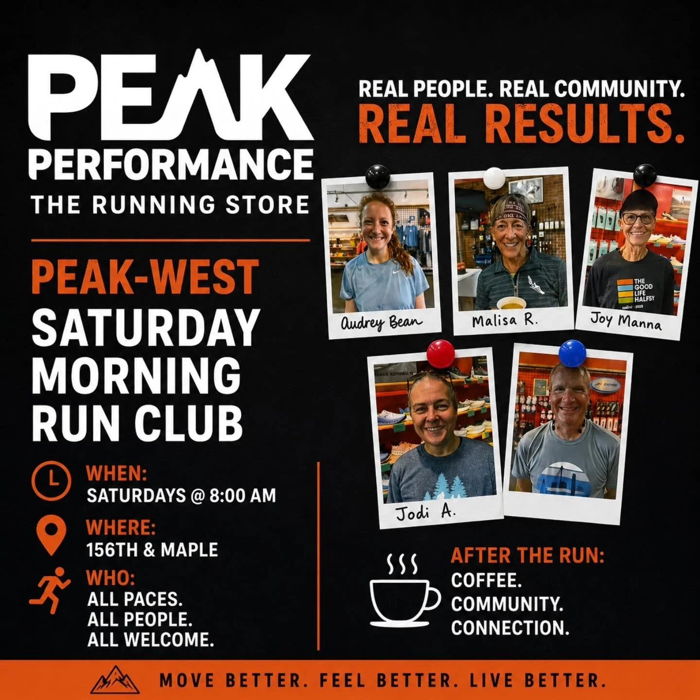Real people. Real community. Real results. 👟☕

Every Saturday morning, this crew shows up.
Some are training for races. Some are just getting started. Some come as much for the conversation as the miles.

That&rsquo;s what makes the Peak-West Run Cl