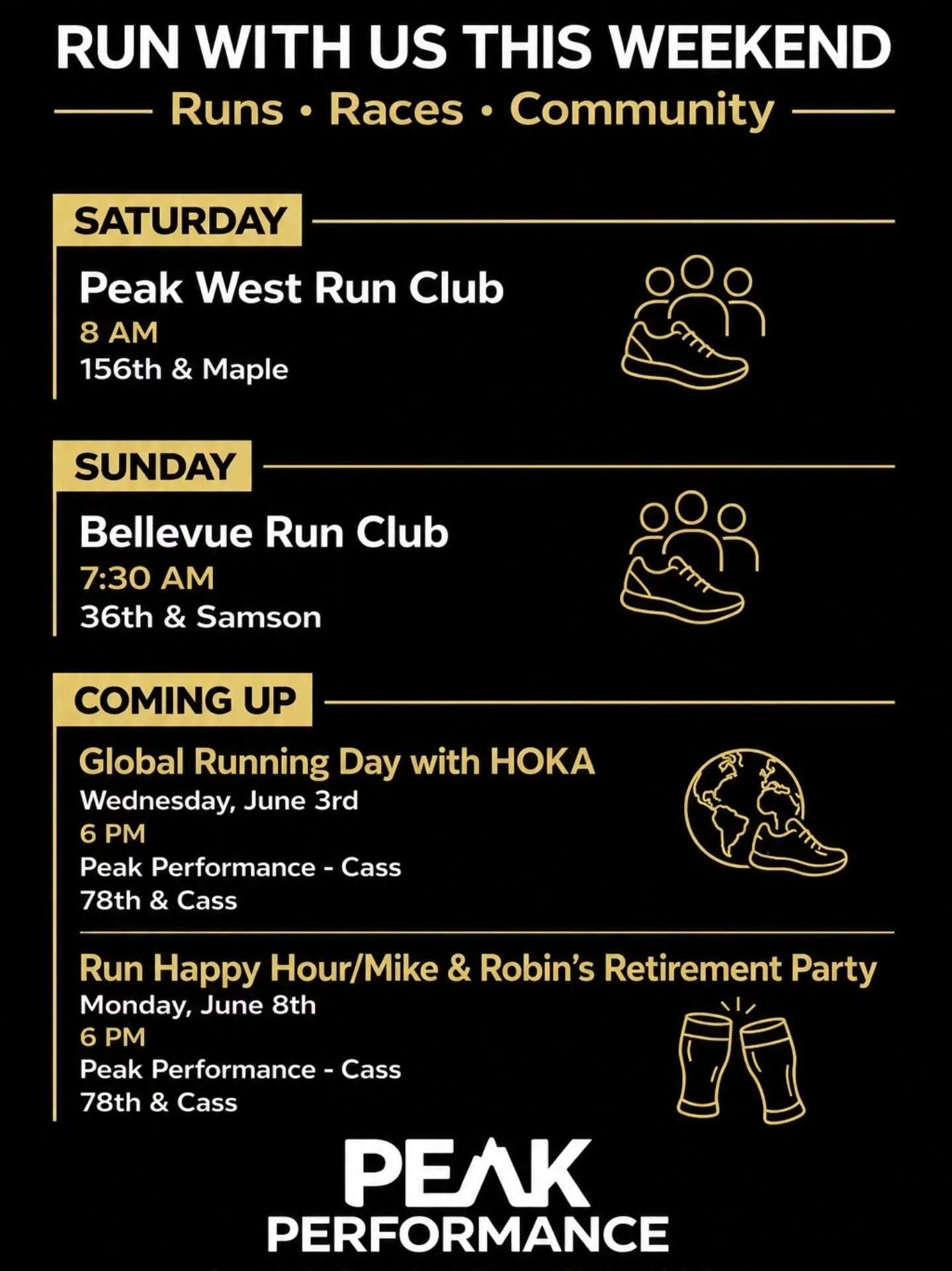 Weekend plans? We&rsquo;ve got your miles covered. 👟☀️

Join the Peak community this weekend for group runs, good conversation, and the kind of support you only find at your local running store.

SATURDAY
📍 Peak West Run Club
🕗 8 AM | 156th &amp; 