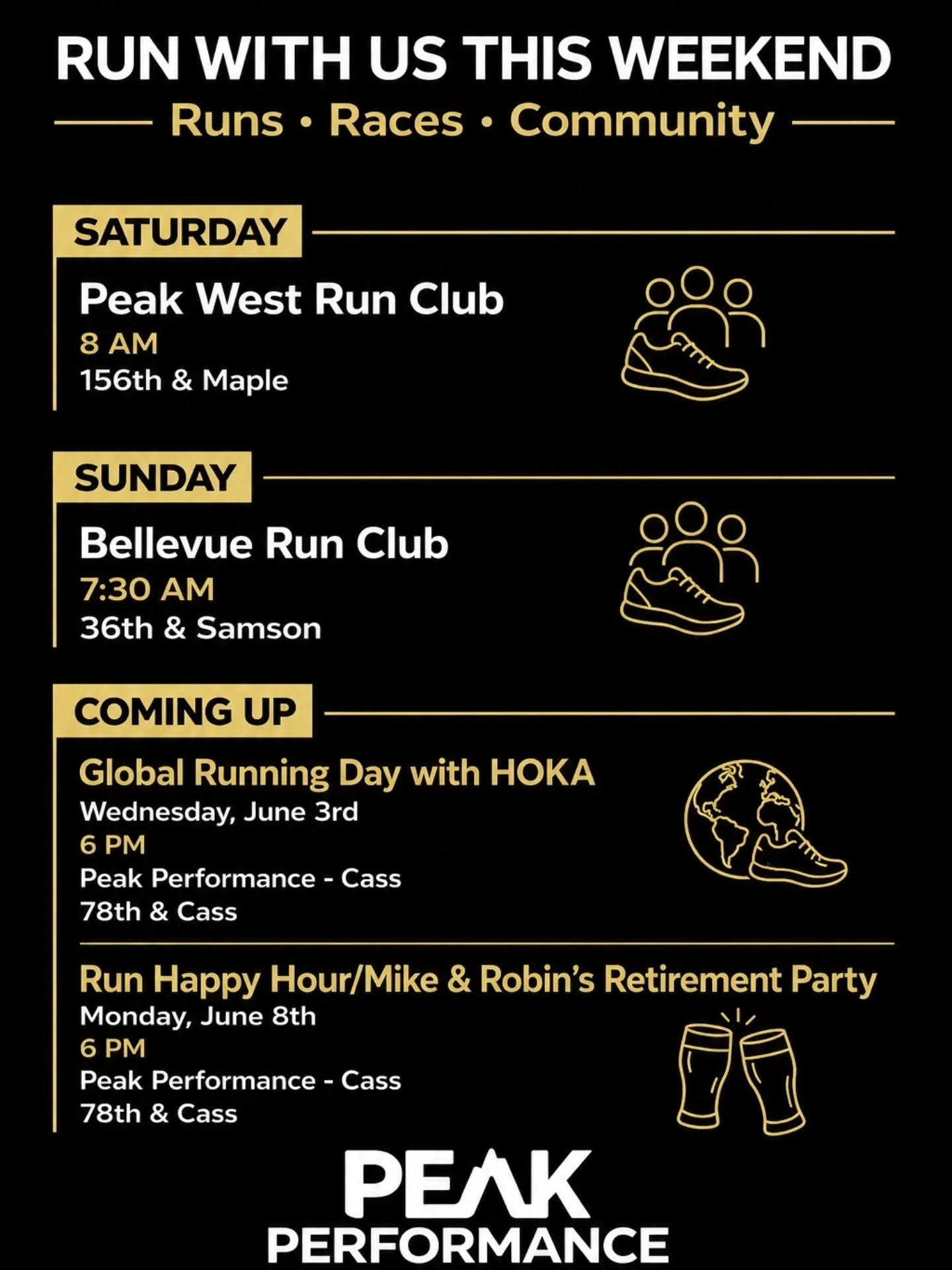 Miles are better together. 👟

Whether you&rsquo;re chasing a PR, getting back into a routine, or just looking for good people to move with &mdash; come run with us this weekend at Peak.

SATURDAY ☀️ Peak West Run Club
🕗 8 AM | 156th &amp; Maple

SU