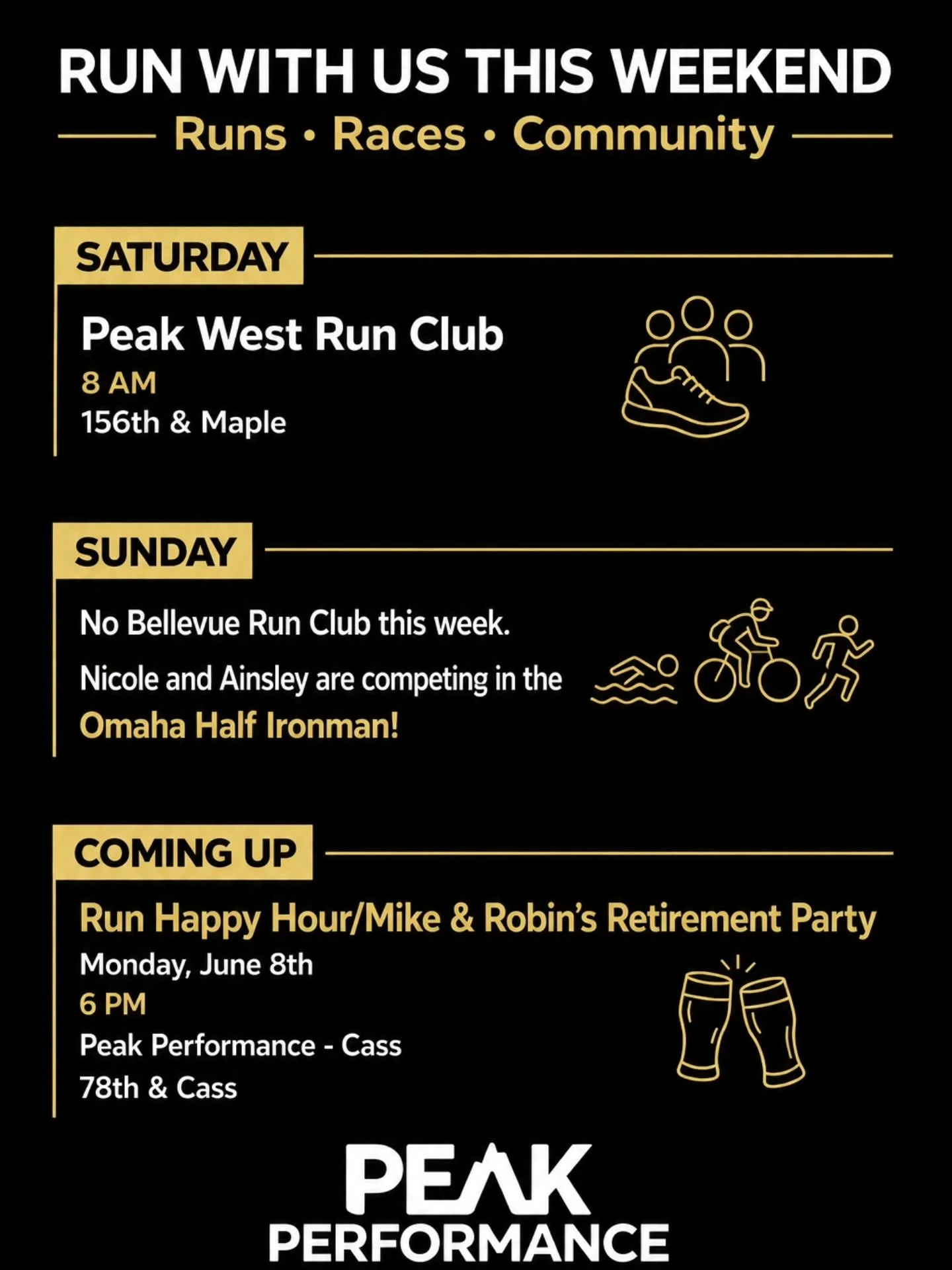 👟 RUN WITH US THIS WEEKEND

We&rsquo;re keeping things simple this weekend: one group run, one big race, and a whole lot of community.

SATURDAY ☀️ Peak West Run Club
🕗 8 AM | 156th &amp; Maple

Whether you're training for your next race or just lo
