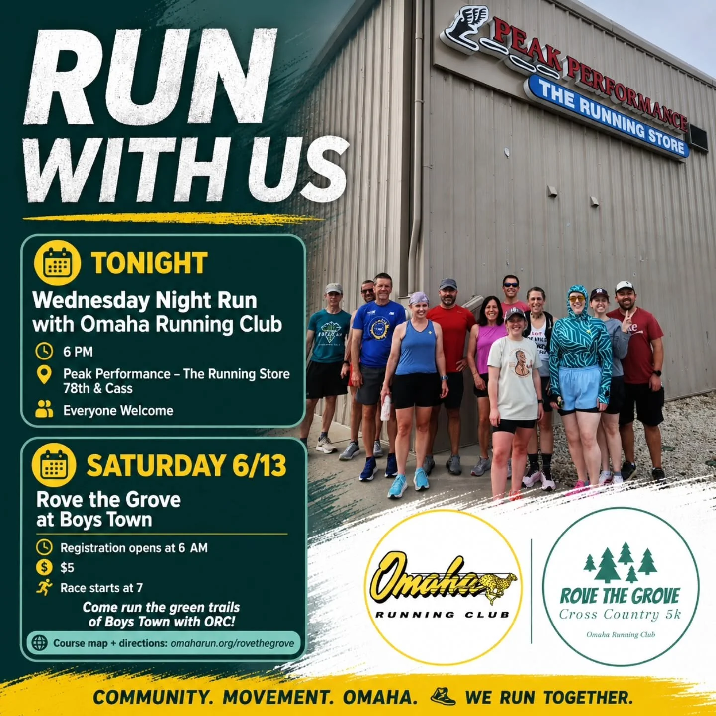 Wednesday night miles 🤝 Omaha Running Club

Join us tonight at 6 PM at Peak Performance &ndash; The Running Store at 78th &amp; Cass for our Wednesday night run with ORC. All paces, all runners, and runners-adjacent friends are welcome. Come move wi