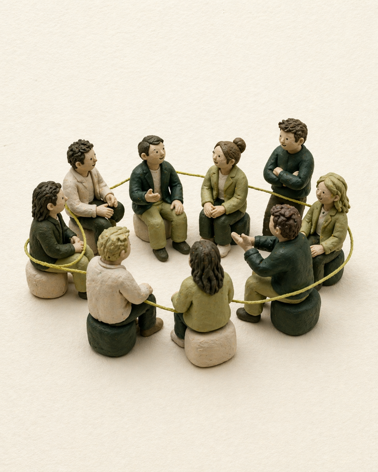 Clay illustration of a leadership team gathered around a connecting thread