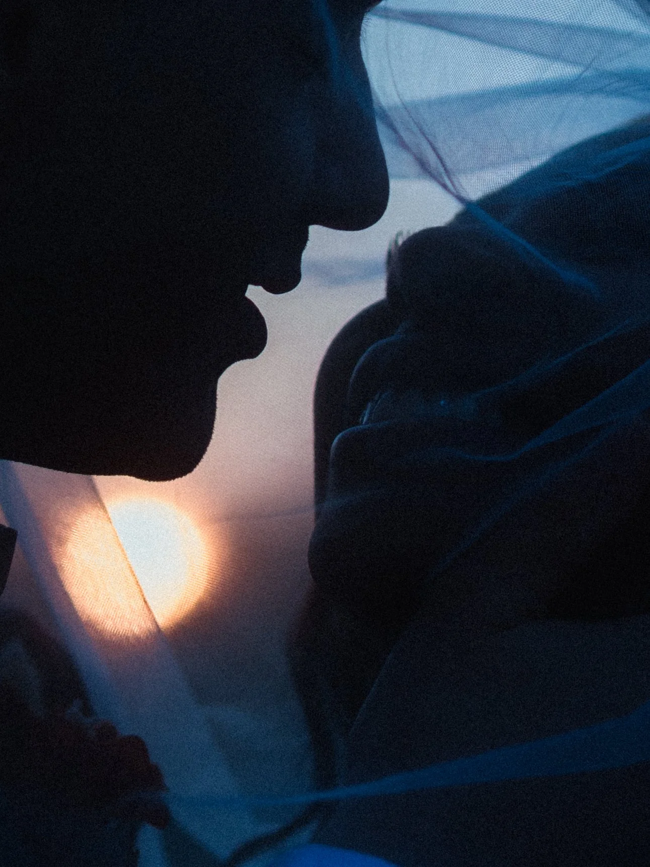 Bride and Groom up close with sunset behind them with rich blues at a winery wedding in Niagara
