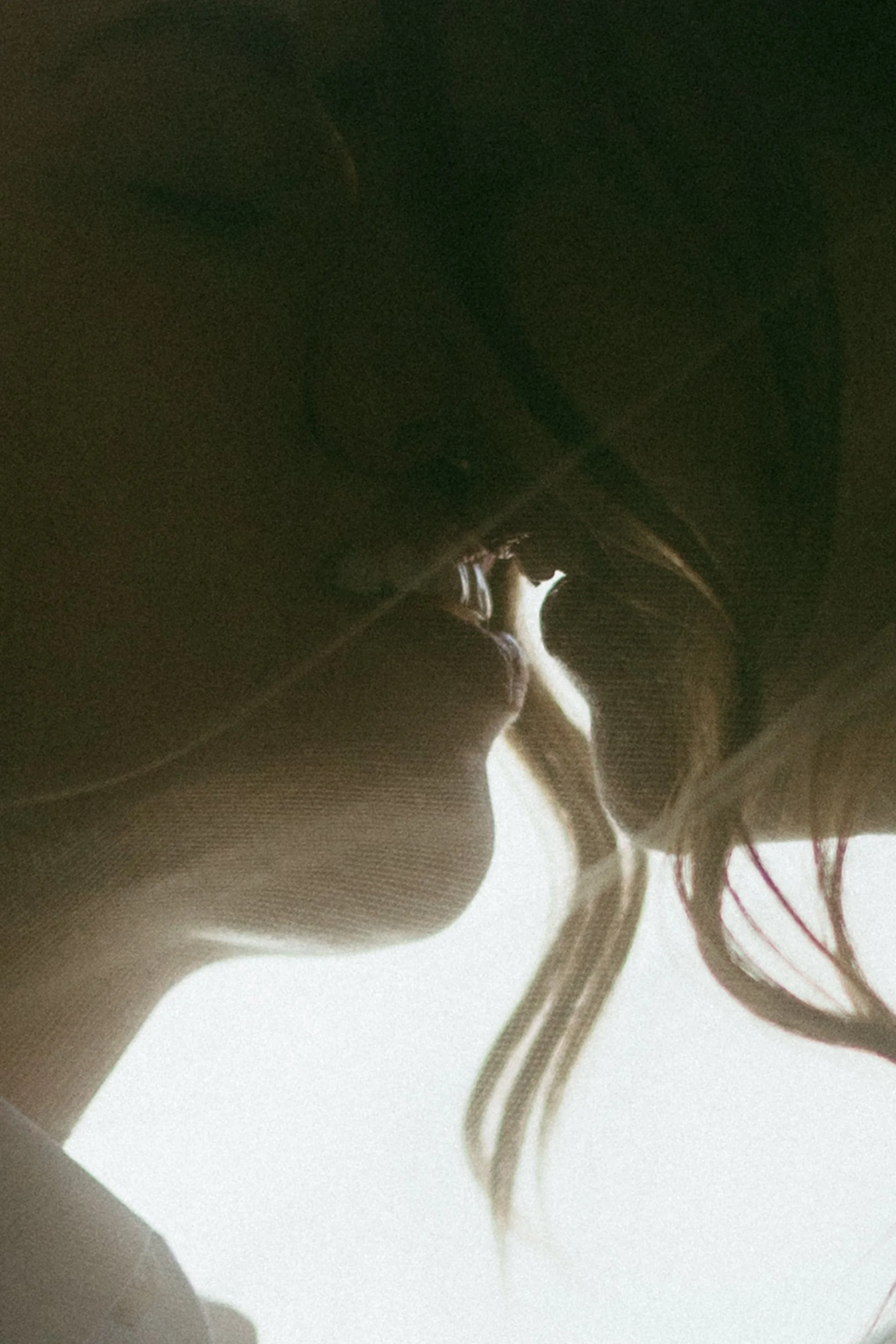 A close-up photo of a woman and a man about to kiss, with the shot taken from below and backlit.