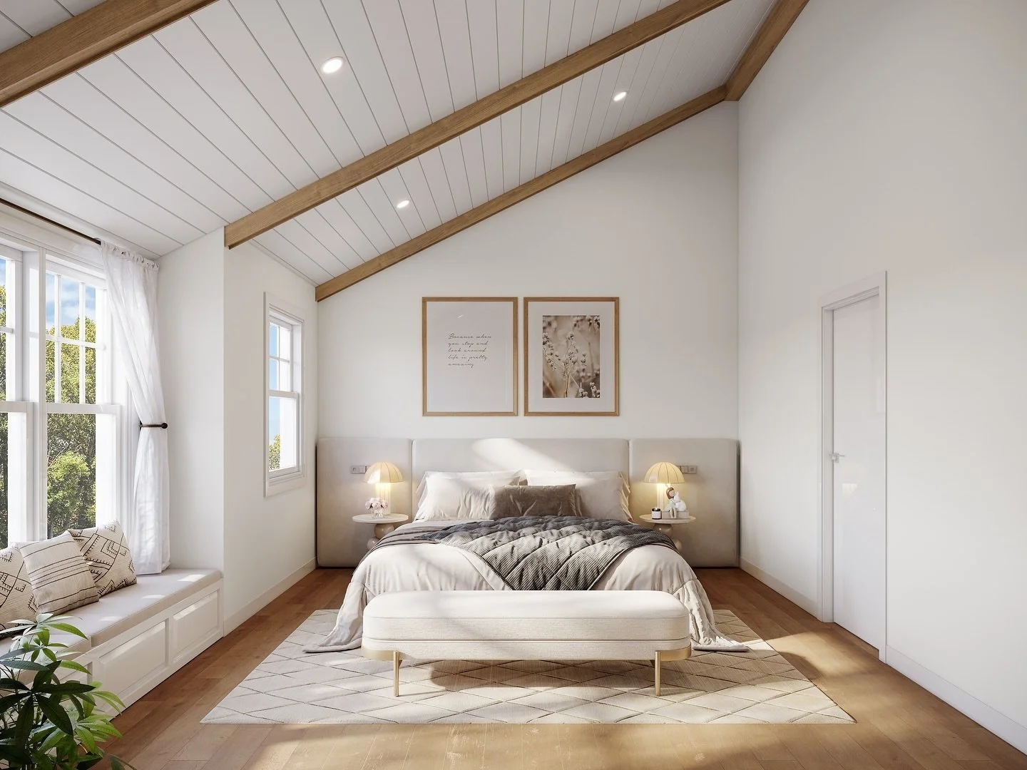 Primary suite. Soaring ceilings and harbor views