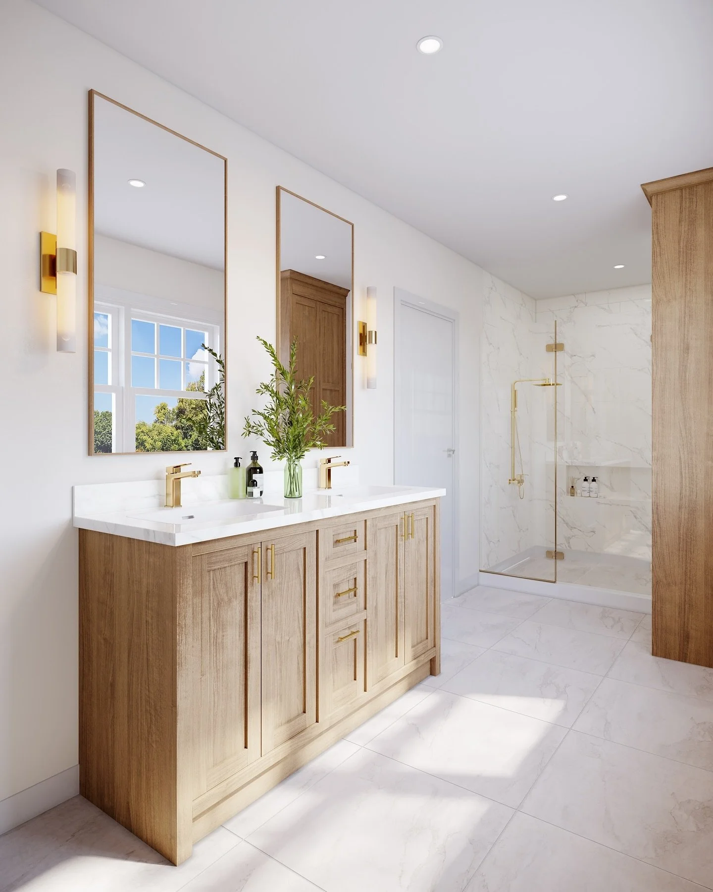 Downer Ave primary bath. Natural wood, brass fixtures and light tones.