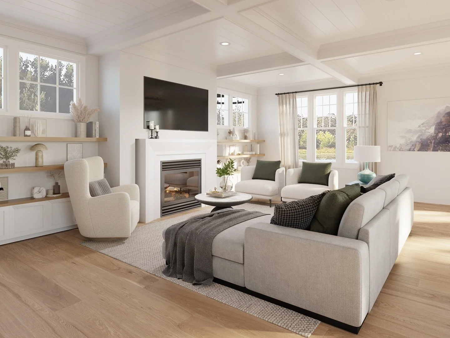 Downer Ave living room. Coffered ceiling really bringing this space to life.