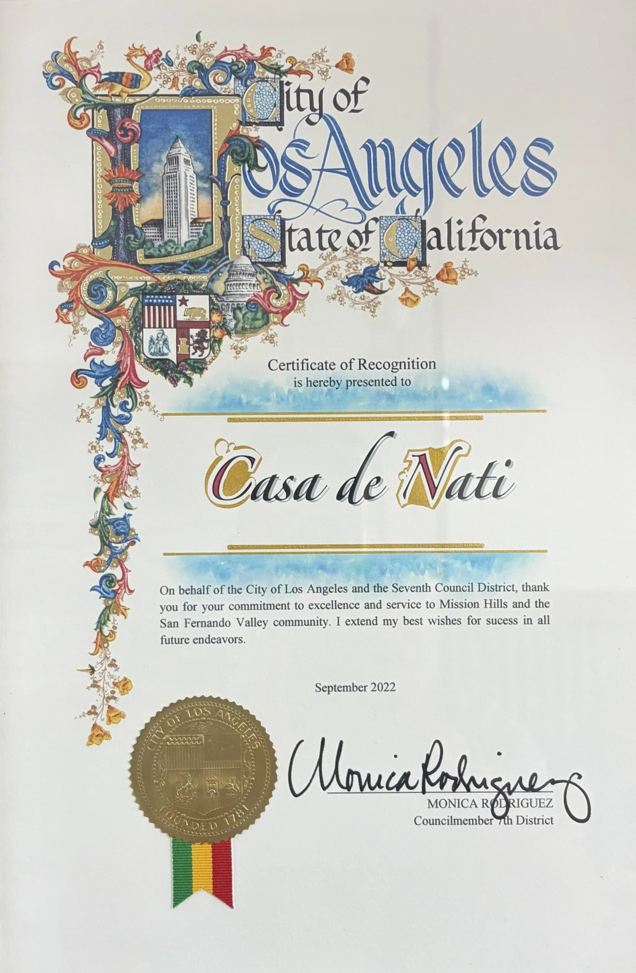 Certificate of Recognition from the City of Los Angeles presented by Monica Rodriguez