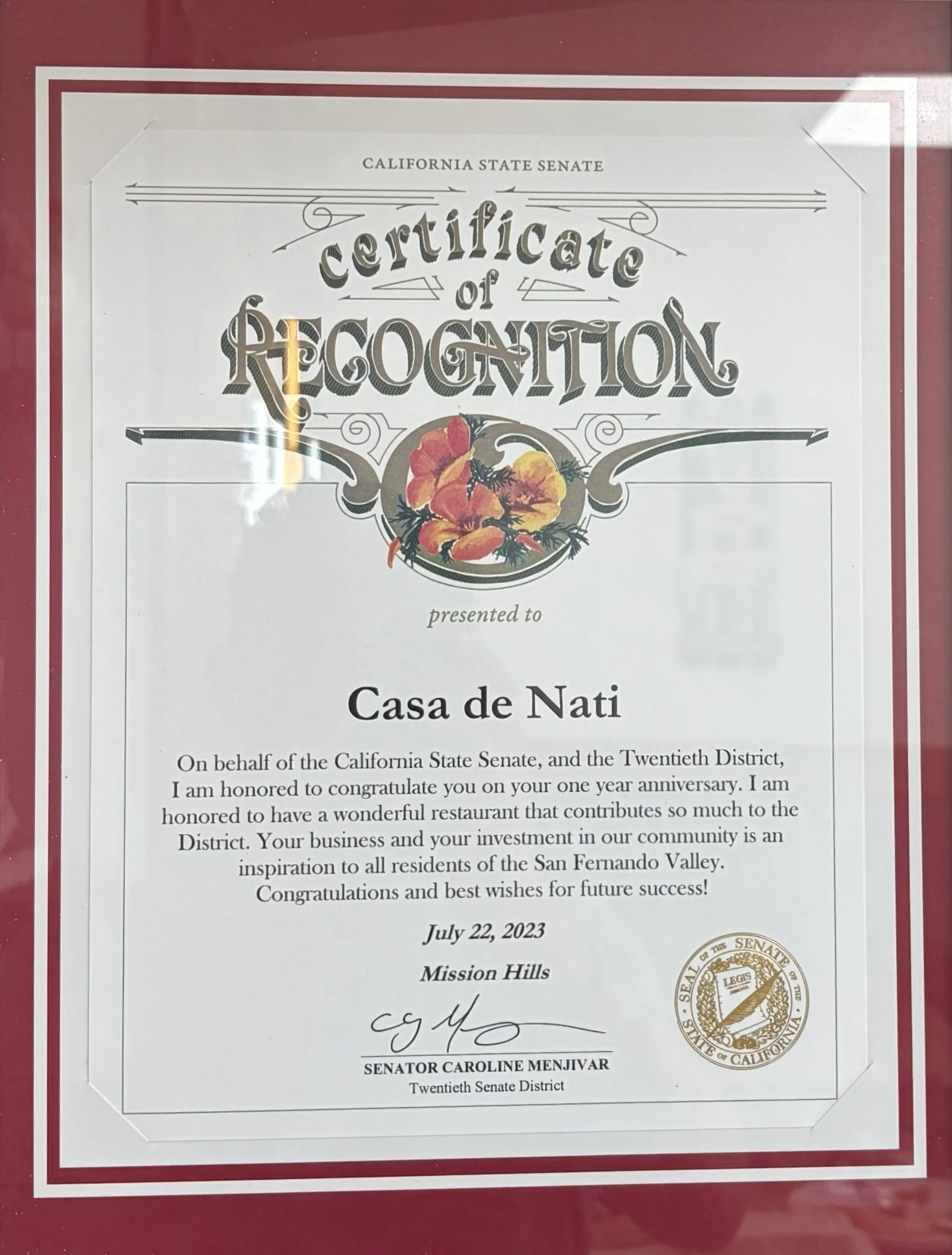 Certificate of Recognition from California State Senator Caroline Menjivar