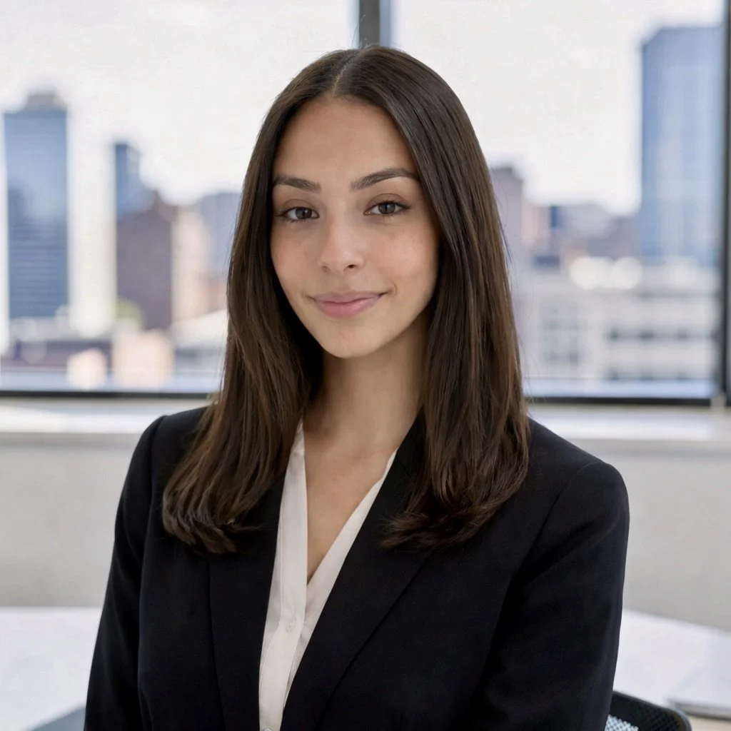 A young woman with long brown hair, dressed in a black blazer and white blouse, sitting in an office with a cityscape view through large windows.