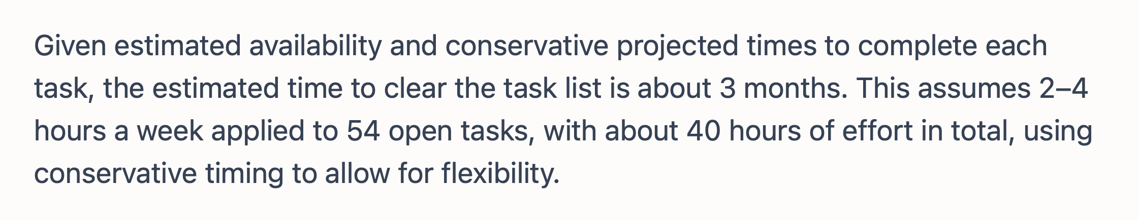Text-based information about task management, estimated time to complete tasks, and effort allocation for open tasks.
