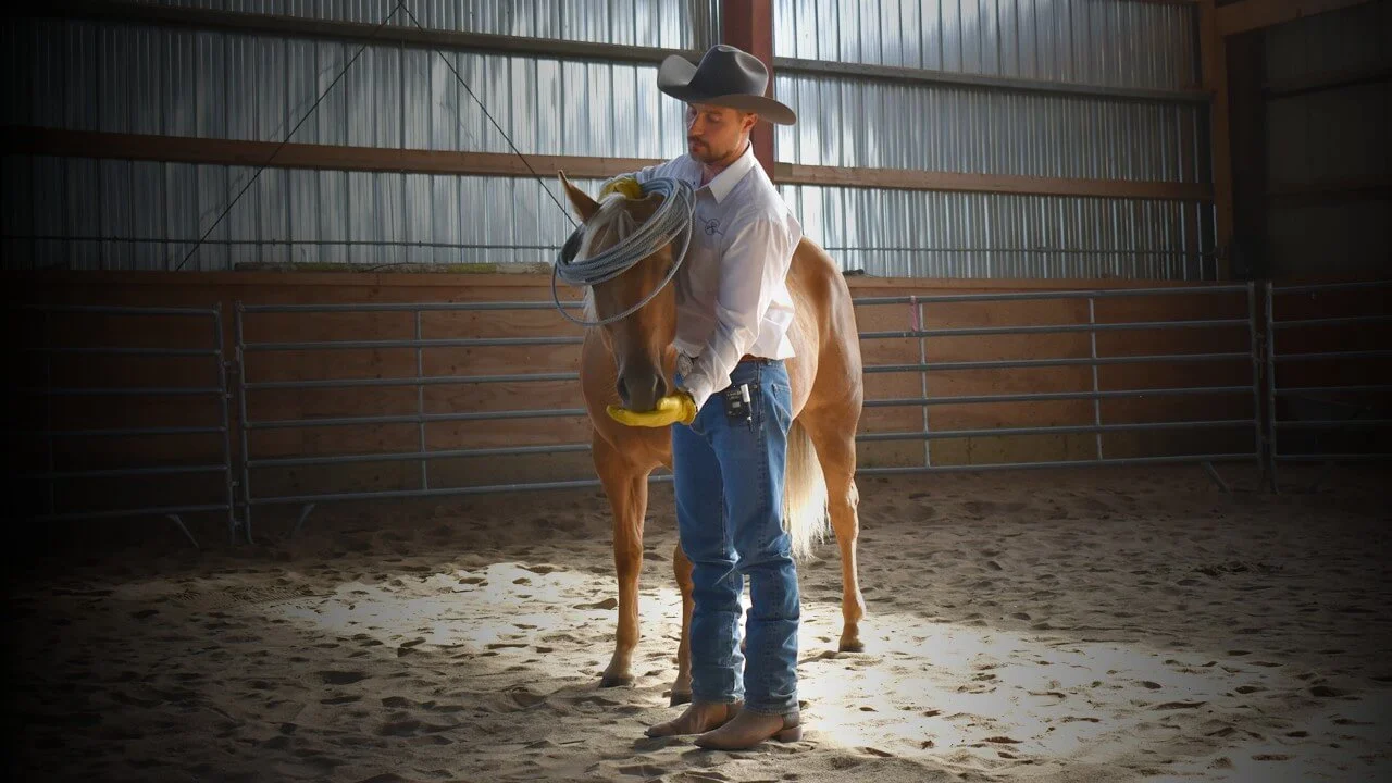 Russ Krachun with lariat on horse head