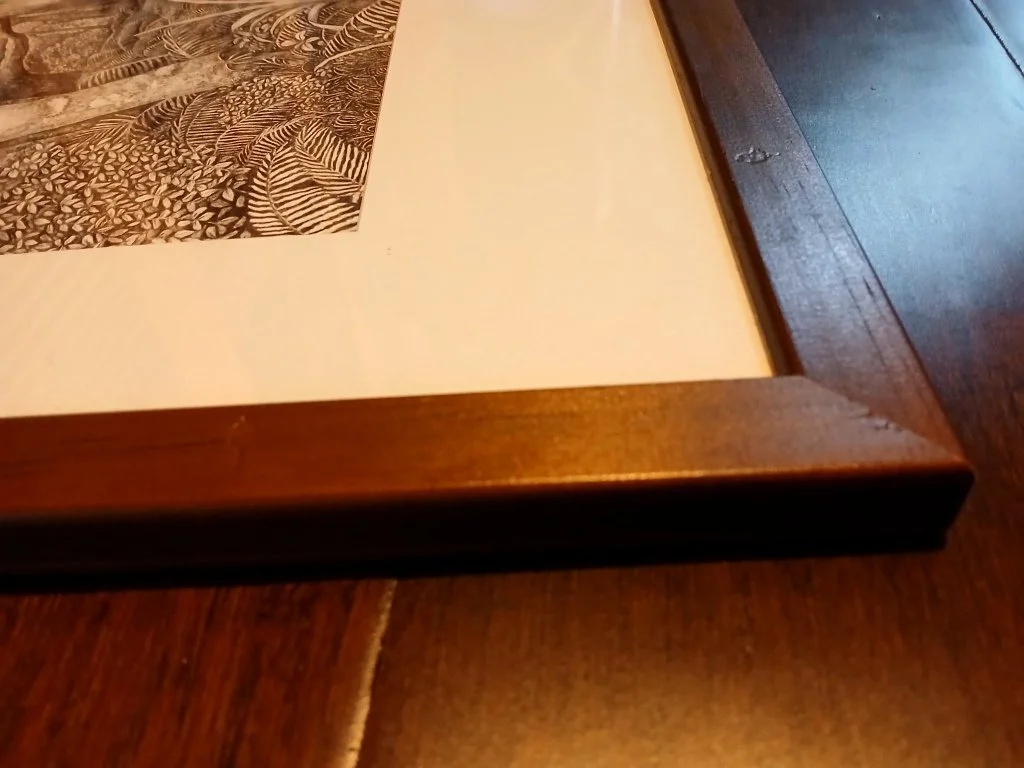 Tree Portal – framed black and white ballpoint pen drawing of a twisted Chalky Island tree by Te Anau Artist Sina Sibler