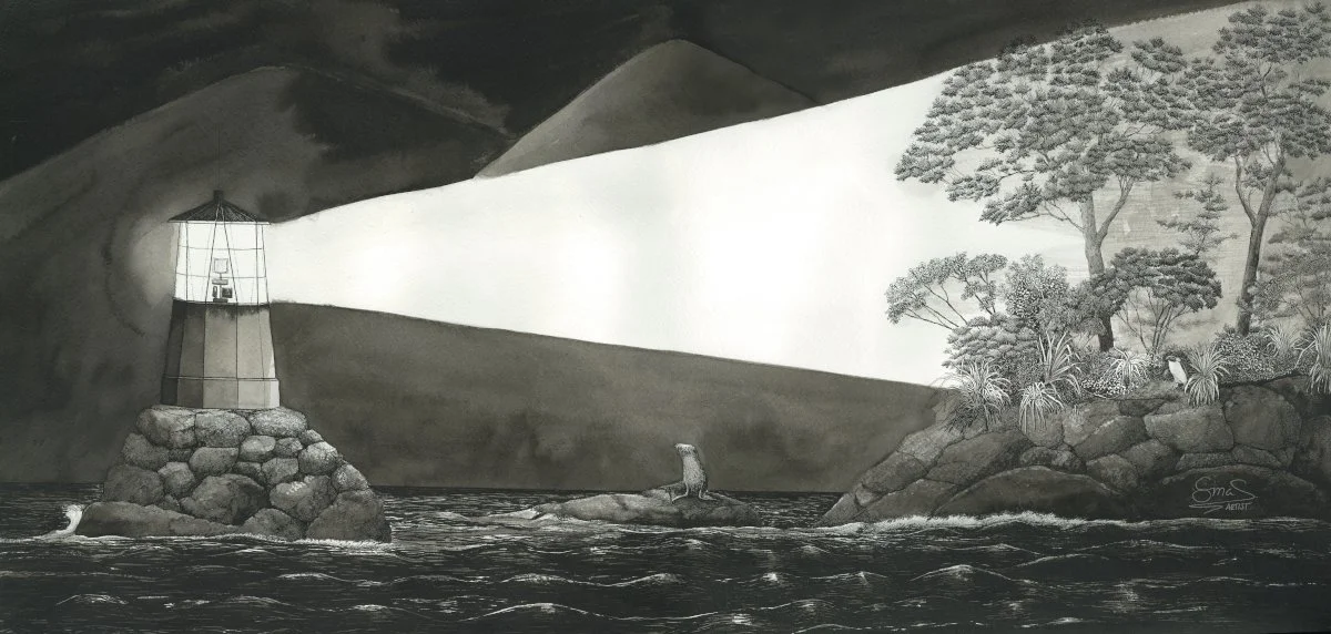 Ink drawing titled "The Lighthouse" by New Zealand artist Sina Sibler, featuring a Fiordland crested penguin and a New Zealand fur seal illuminated by a lighthouse beam in a dark, detailed landscape. Black and white artwork on Fabriano Fine Art Paper